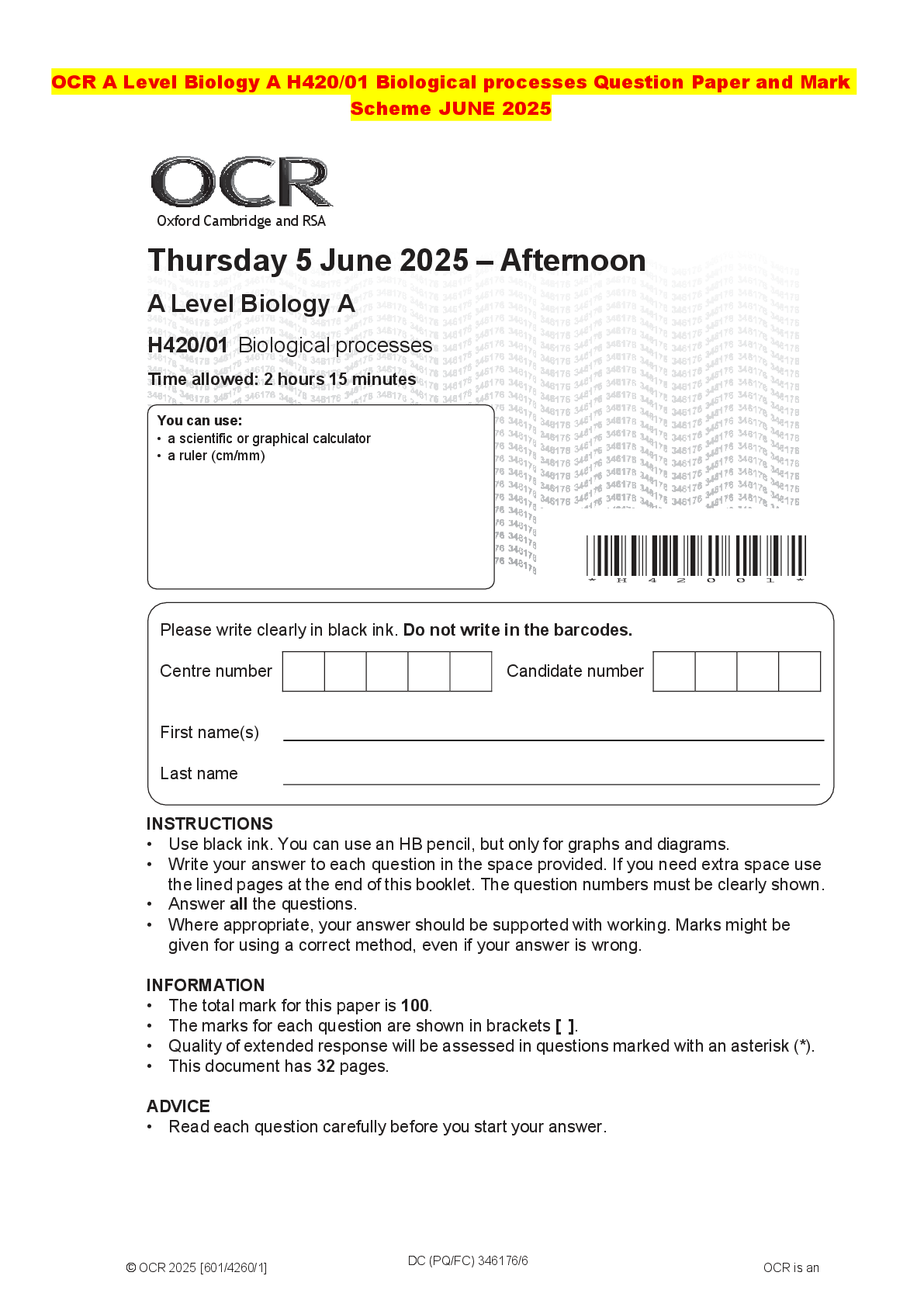 Recommended document preview for OCR A Level Biology A H420/01 Biological processes Question Paper and Mark Scheme JUNE 2025