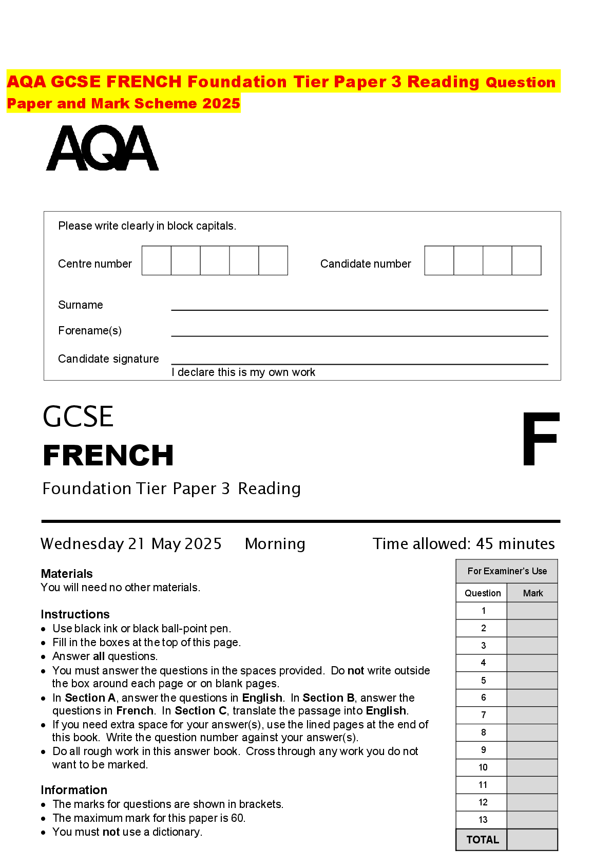 Recommended document preview for AQA GCSE FRENCH Foundation Tier Paper 3 Reading Question Paper and Mark Scheme 2025