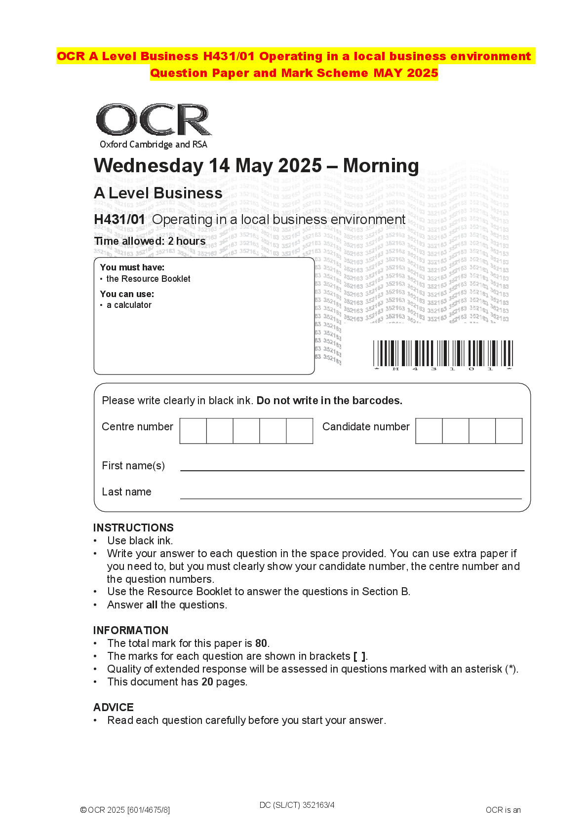 Recommended document preview for OCR A Level Business H431/01 Operating in a local business environment Question Paper and Mark Scheme MAY 2025