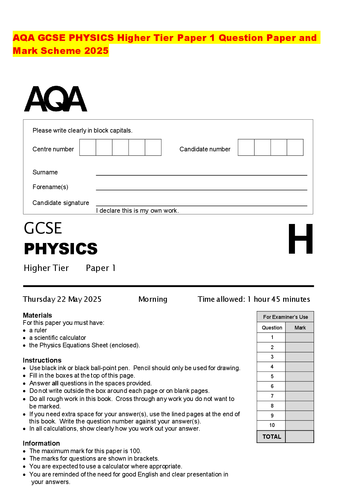 Recommended document preview for AQA GCSE PHYSICS Higher Tier Paper 1 Question Paper and Mark Scheme 2025