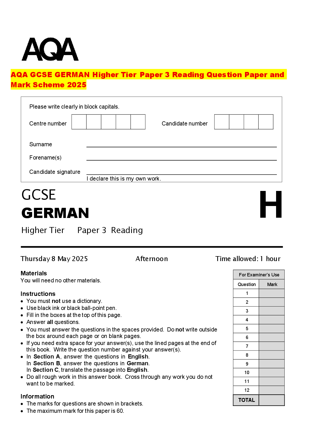 Recommended document preview for AQA GCSE GERMAN Higher Tier Paper 3 Reading Question Paper and Mark Scheme 2025