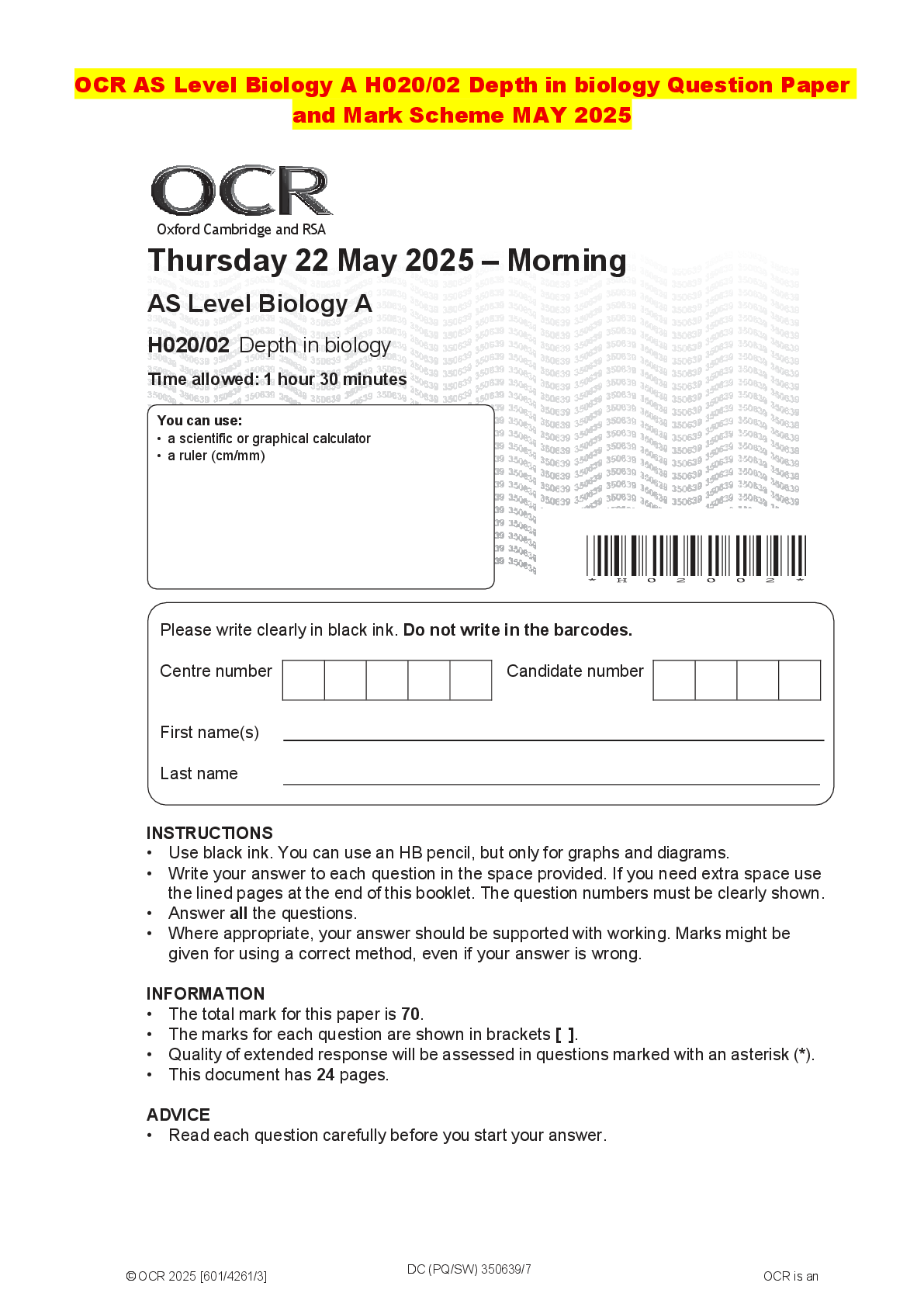 Recommended document preview for OCR AS Level Biology A H020/02 Depth in biology Question Paper and Mark Scheme MAY 2025