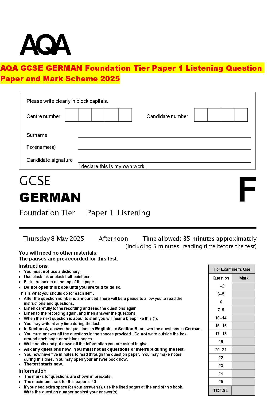 Recommended document preview for AQA GCSE GERMAN Foundation Tier Paper 1 Listening Question Paper and Mark Scheme 2025