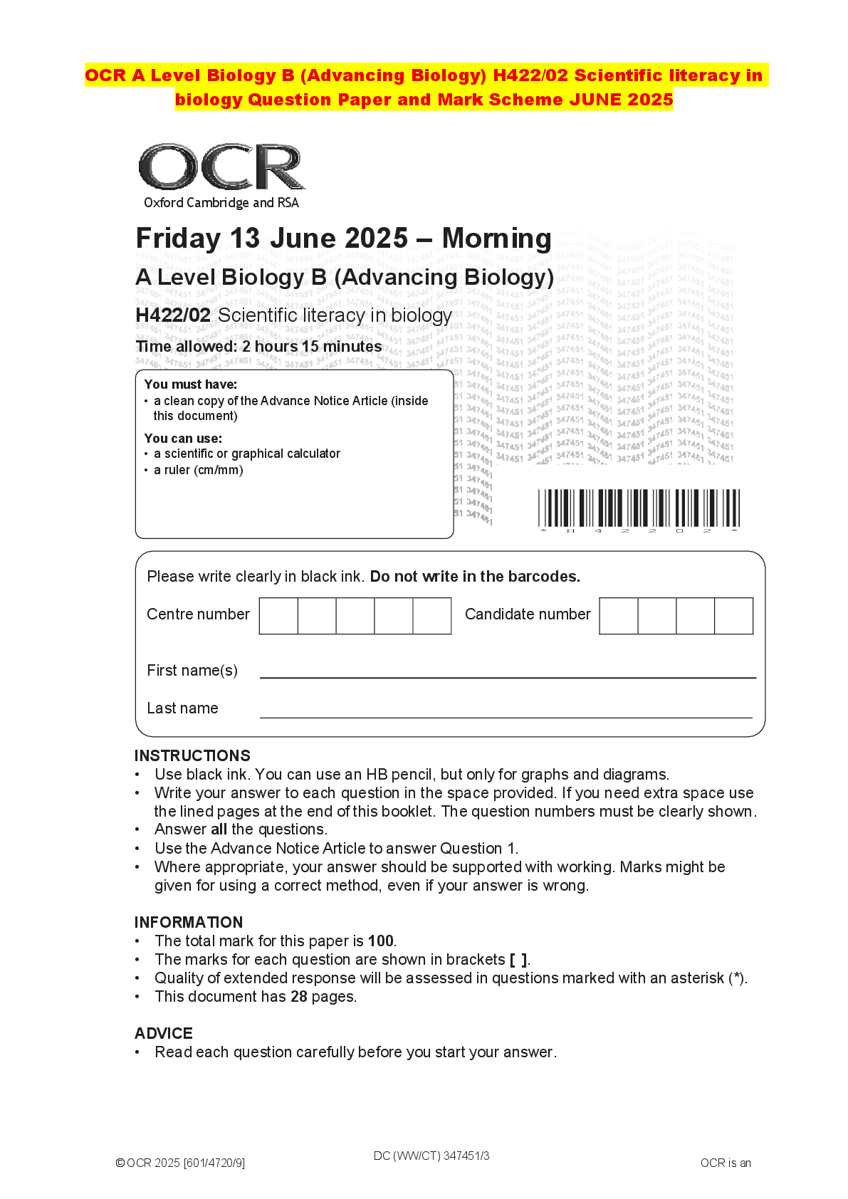 Recommended document preview for OCR A Level Biology B (Advancing Biology) H422/02 Scientific literacy in biology Question Paper and Mark Scheme JUNE 2025