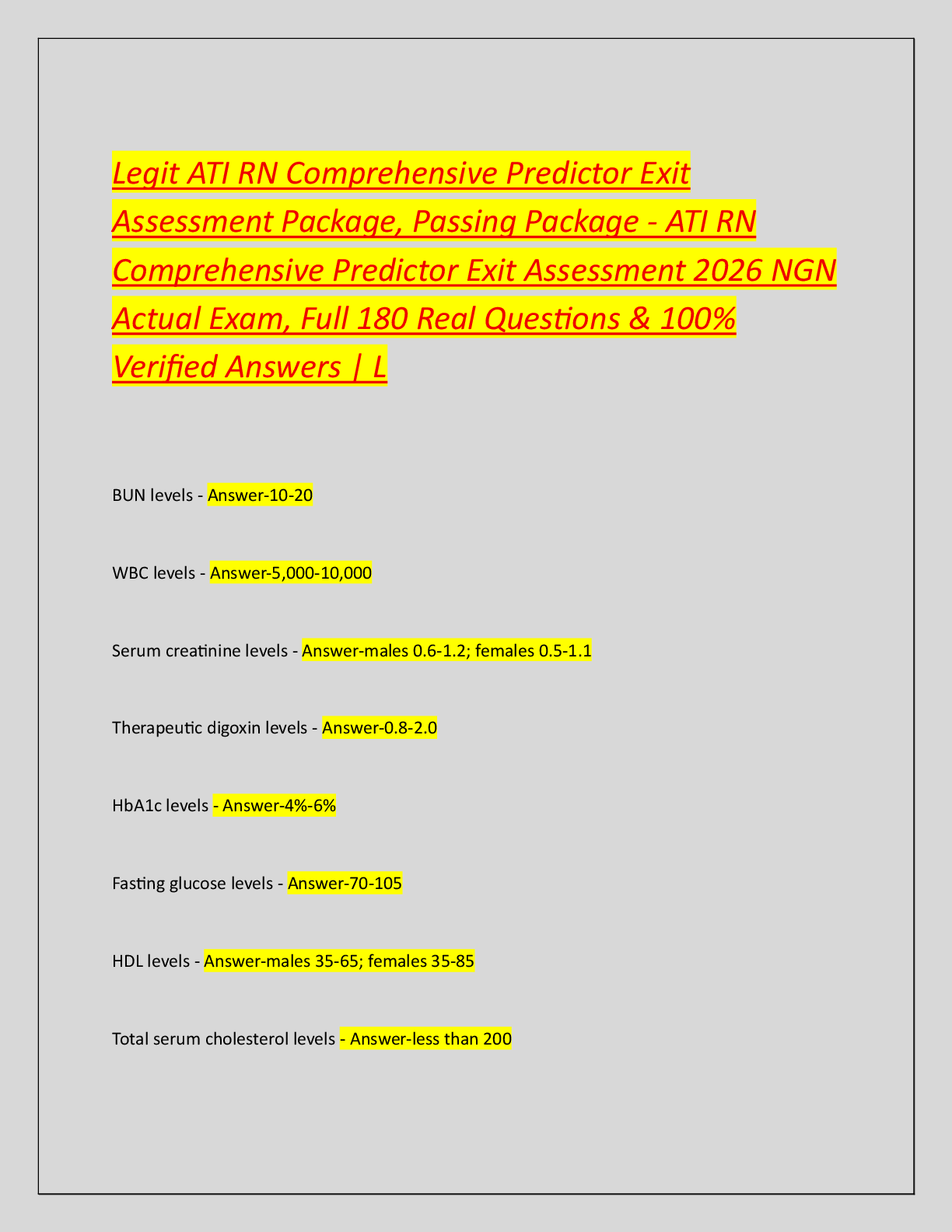 Recommended document preview for Legit ATI RN Comprehensive Predictor Exit  Assessment Package, Passing Package - ATI RN  Comprehensive Predictor Exit Assessment 2026 NGN  Actual Exam, Full 180 Real Questions & 100%  Verified Answers | L