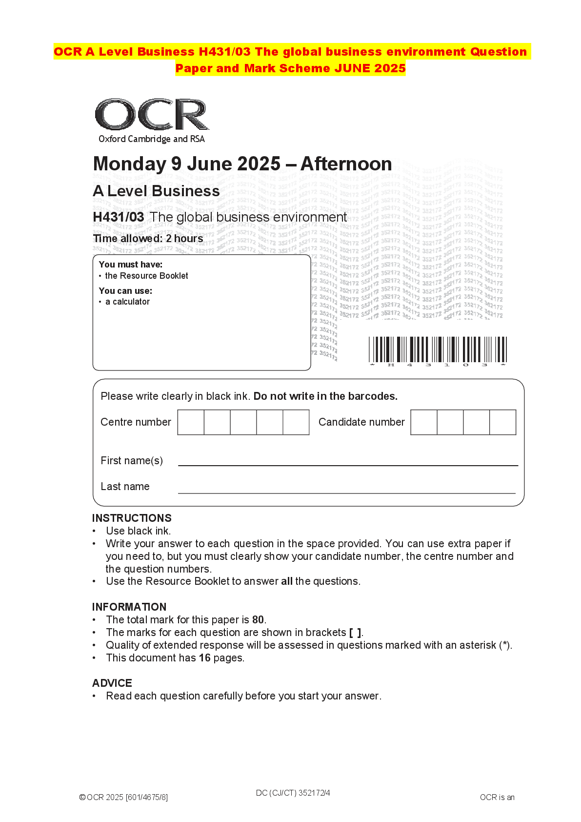 Recommended document preview for OCR A Level Business H431/03 The global business environment Question Paper and Mark Scheme JUNE 2025