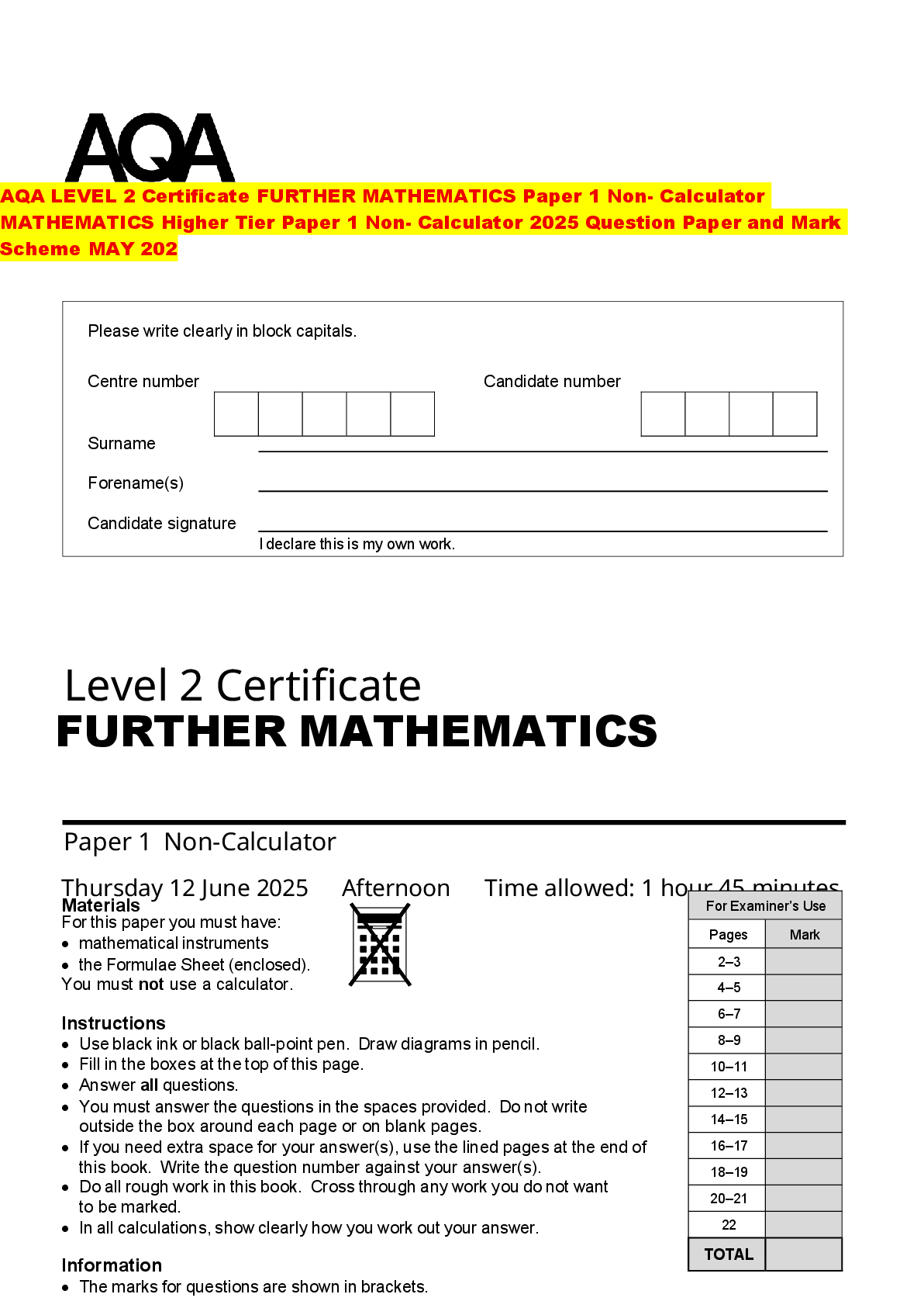 Recommended document preview for AQA LEVEL 2 Certificate FURTHER MATHEMATICS Paper 1 Non- Calculator MATHEMATICS Higher Tier Paper 1 Non- Calculator 2025 Question Paper and Mark Scheme MAY 202