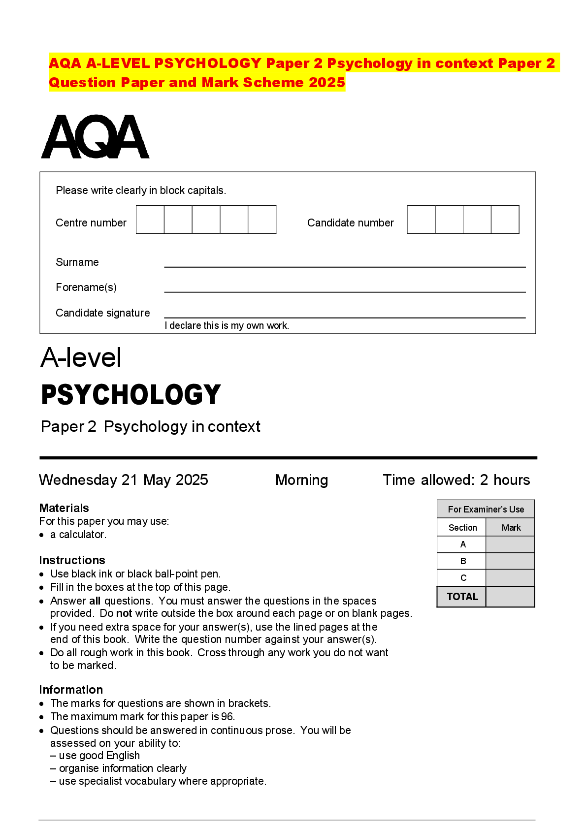 Recommended document preview for AQA A-LEVEL PSYCHOLOGY Paper 2 Psychology in context Paper 2 Question Paper and Mark Scheme 2025
