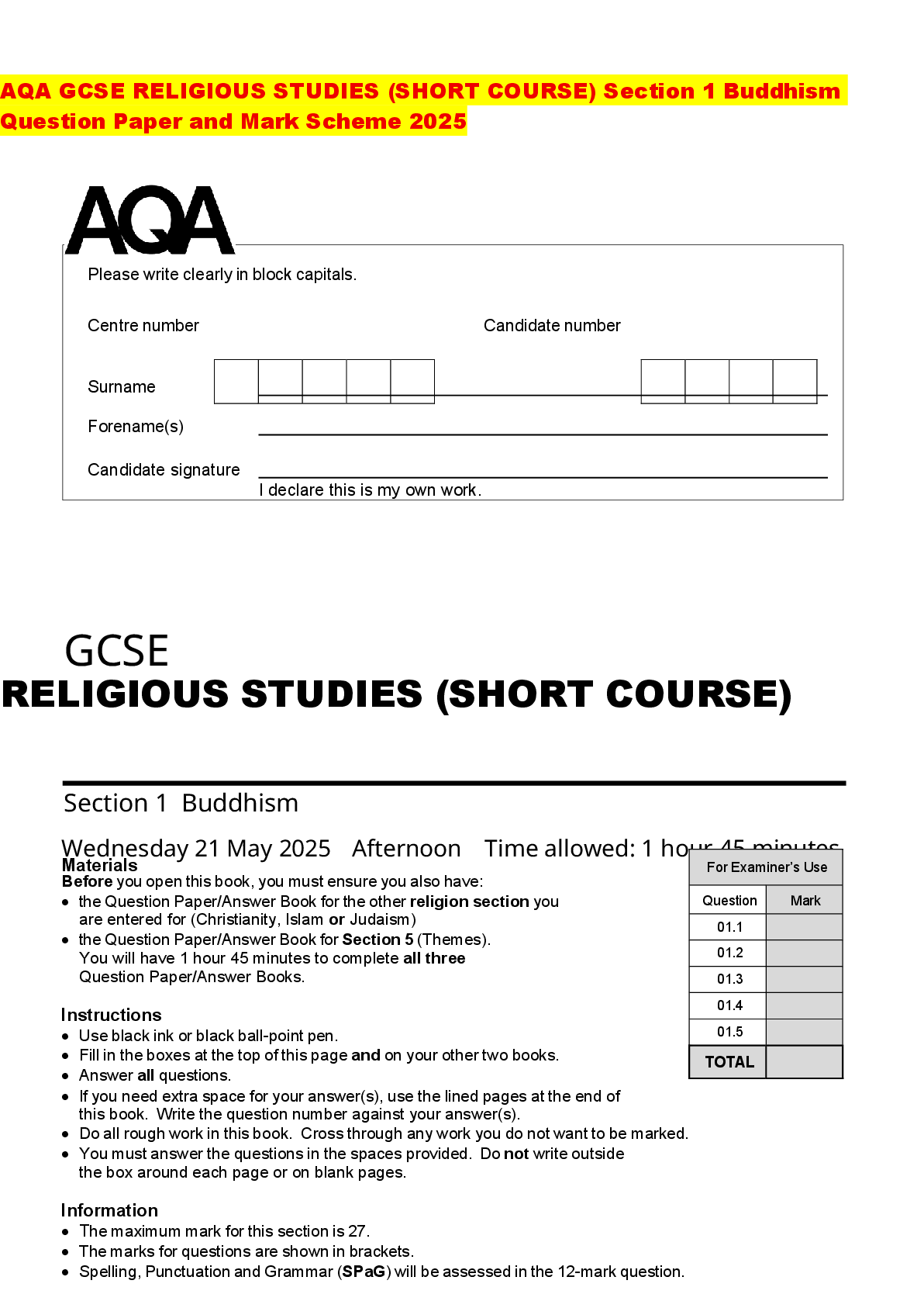 Preview of AQA GCSE RELIGIOUS STUDIES (SHORT COURSE) Section 1 Buddhism Question Paper and Mark Schem