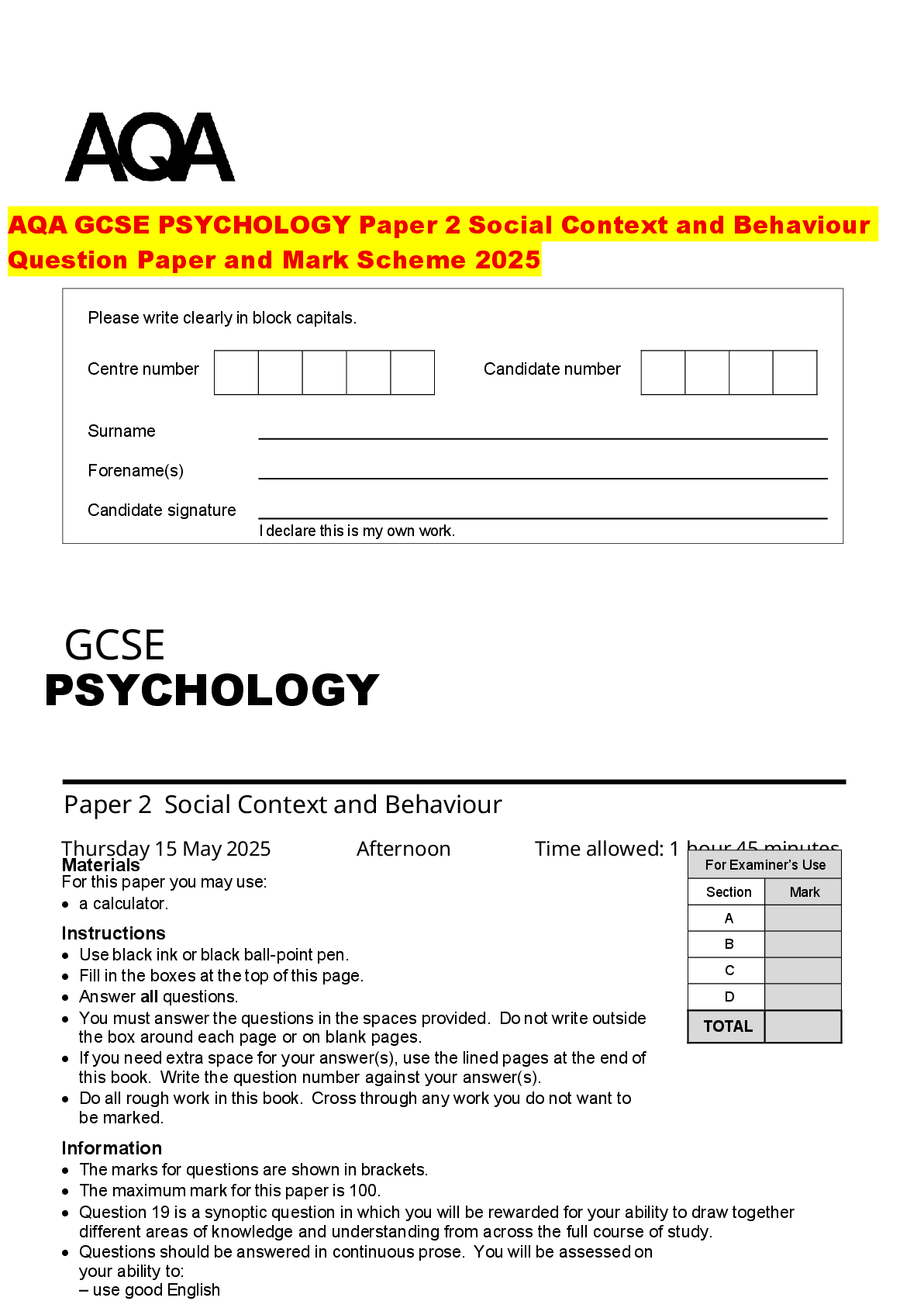 Recommended document preview for AQA GCSE PSYCHOLOGY Paper 2 Social Context and Behaviour Question Paper and Mark Scheme 2025