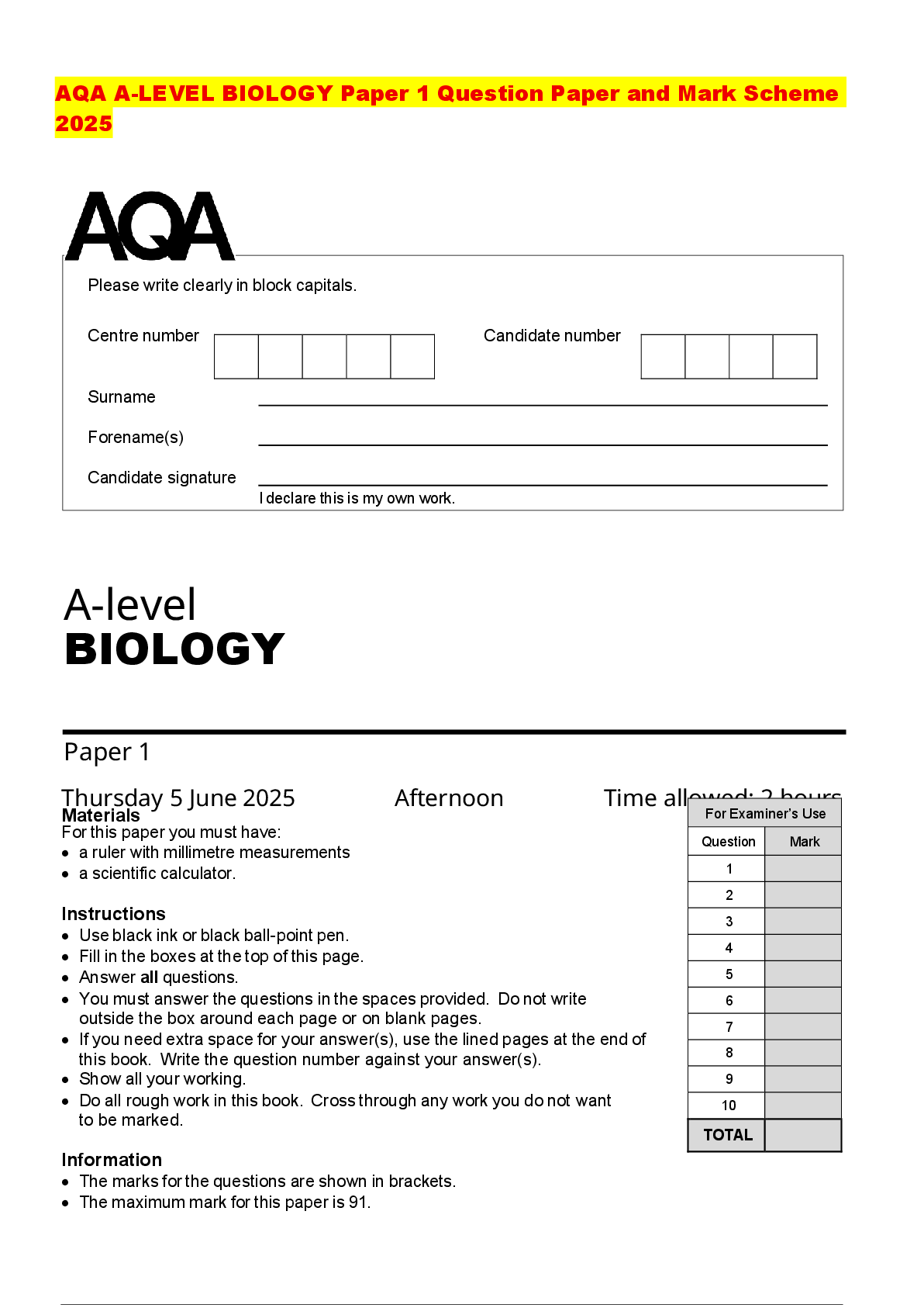 Recommended document preview for AQA A-LEVEL BIOLOGY Paper 1 Question Paper and Mark Scheme 2025