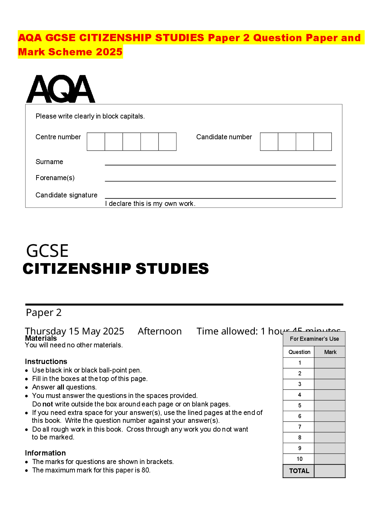 Recommended document preview for AQA GCSE CITIZENSHIP STUDIES Paper 2 Question Paper and Mark Scheme 2025