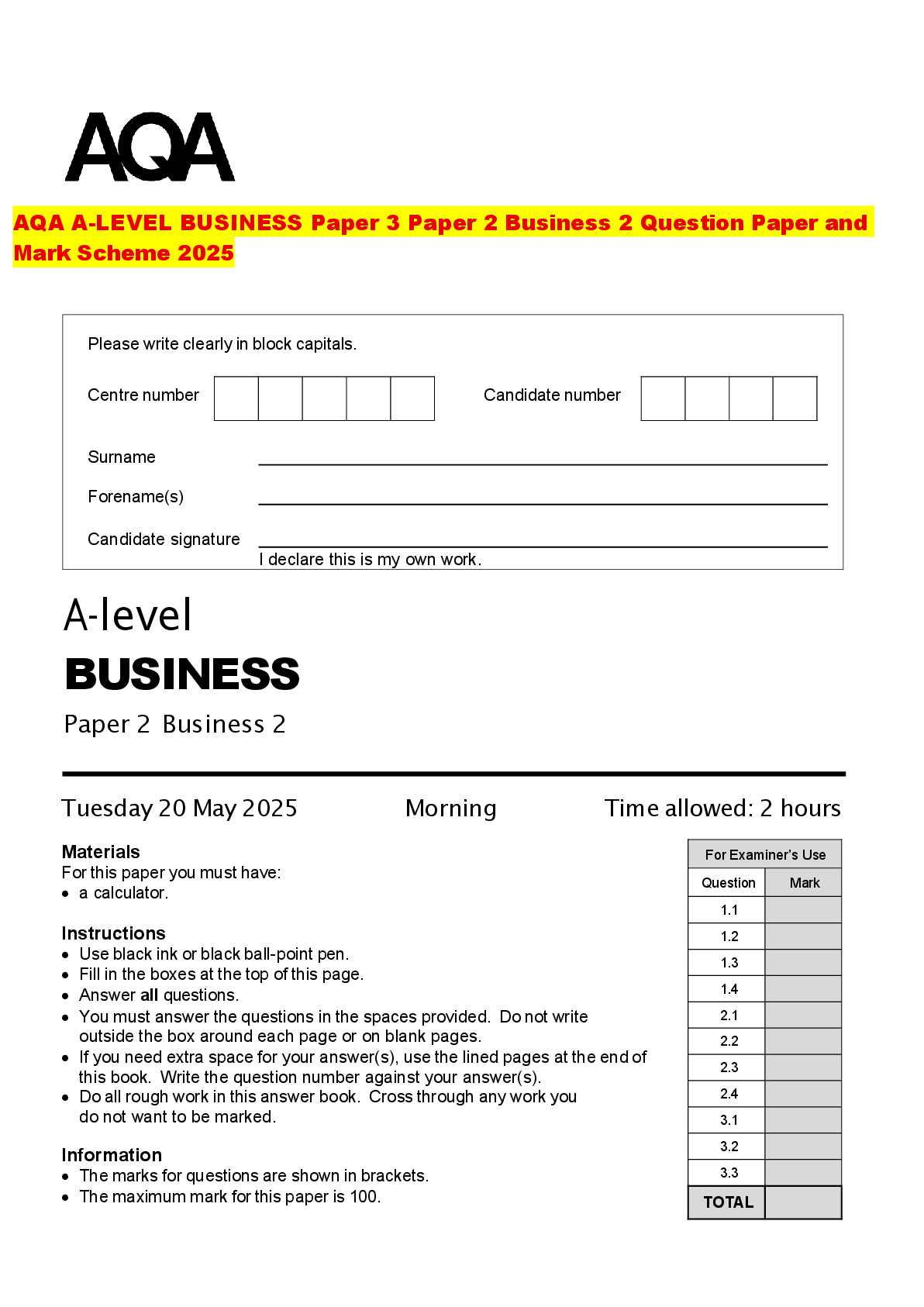 Recommended document preview for AQA A-LEVEL BUSINESS Paper 3 Paper 2 Business 2 Question Paper and Mark Scheme 2025