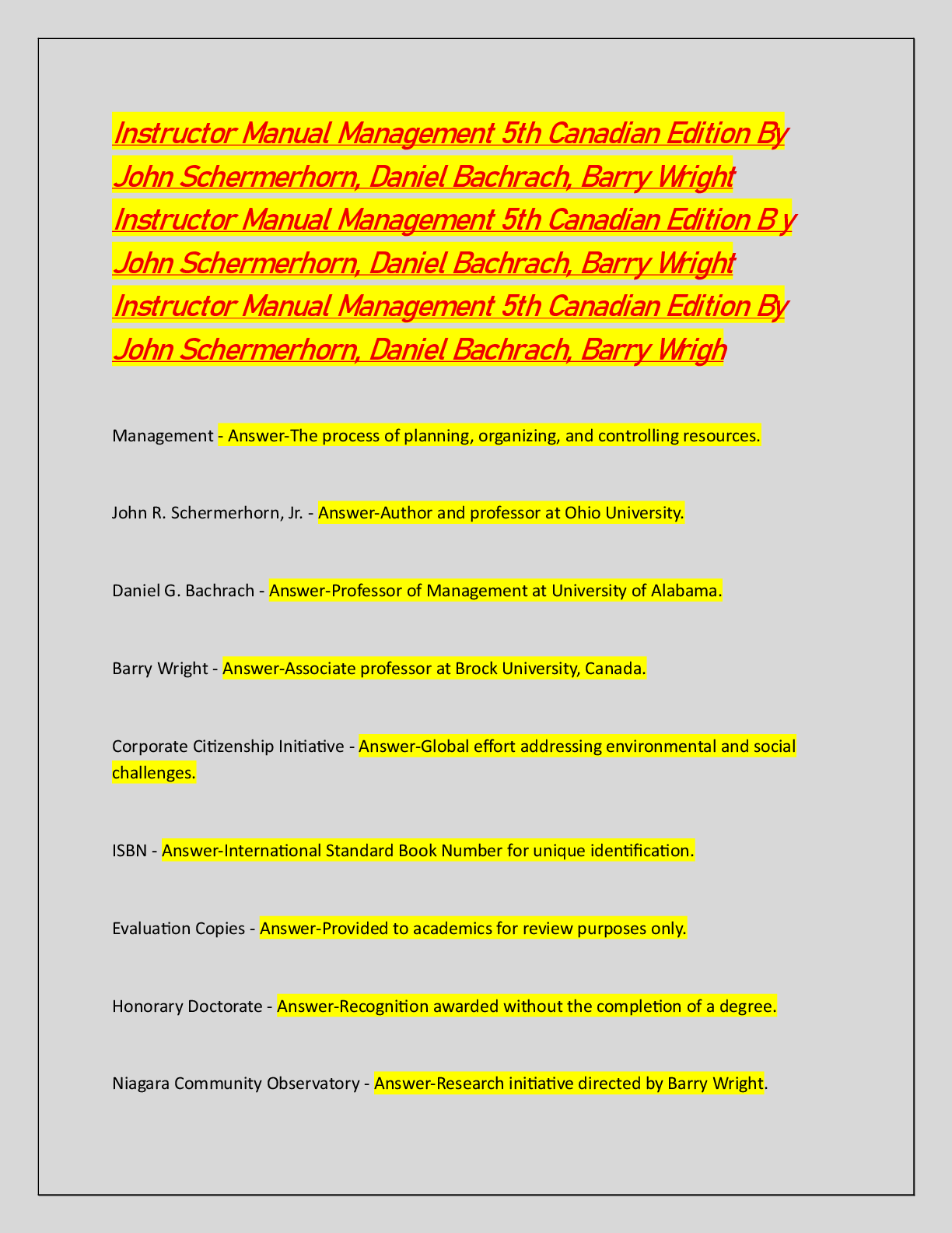 Recommended document preview for Instructor Manual Management 5th Canadian Edition By  John Schermerhorn, Daniel Bachrach, Barry Wright  Instructor Manual Management 5th Canadian Edition B y  John Schermerhorn, Daniel Bachrach, Barry Wright  Instructor Manual Management 5th Canadian Edition By  John Schermerhorn, Daniel Bachrach, Barry Wrigh