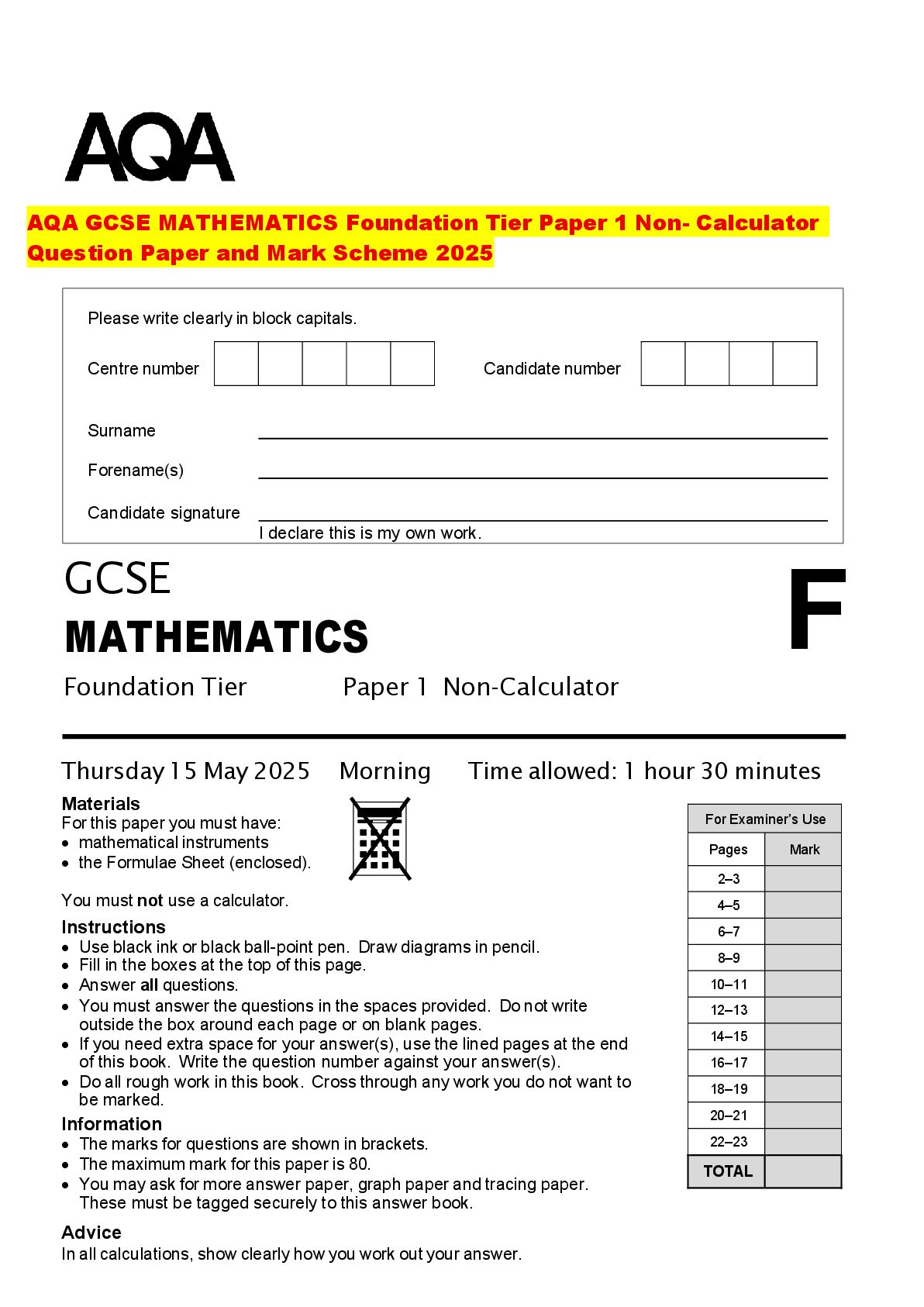Recommended document preview for AQA GCSE MATHEMATICS Foundation Tier Paper 1 Non- Calculator Question Paper and Mark Scheme 2025