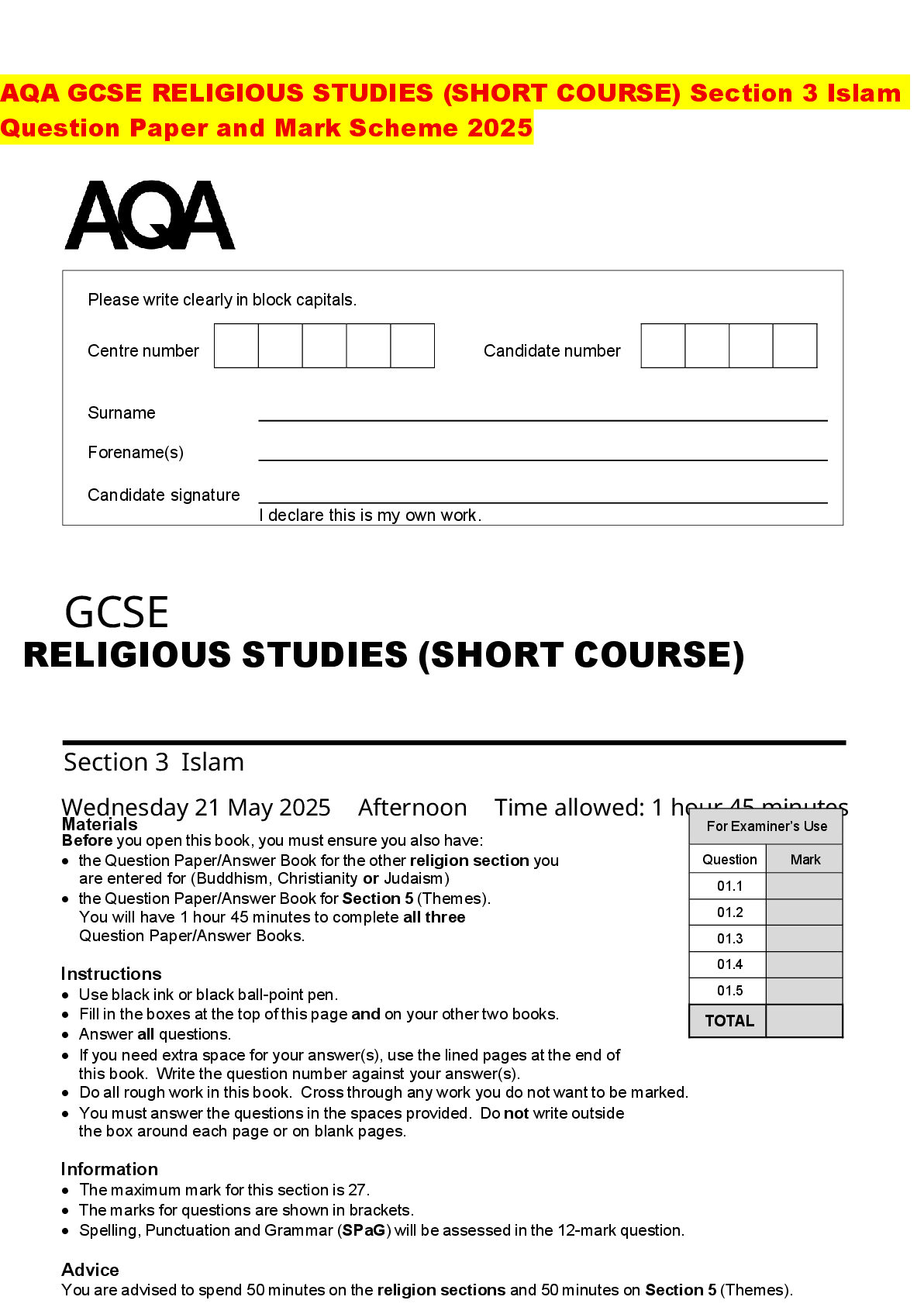 Recommended document preview for AQA GCSE RELIGIOUS STUDIES (SHORT COURSE) Section 3 Islam Question Paper and Mark Scheme 2025