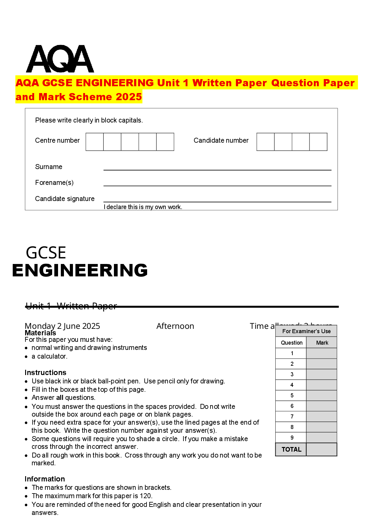 Recommended document preview for AQA GCSE ENGINEERING Unit 1 Written Paper Question Paper and Mark Scheme 2025
