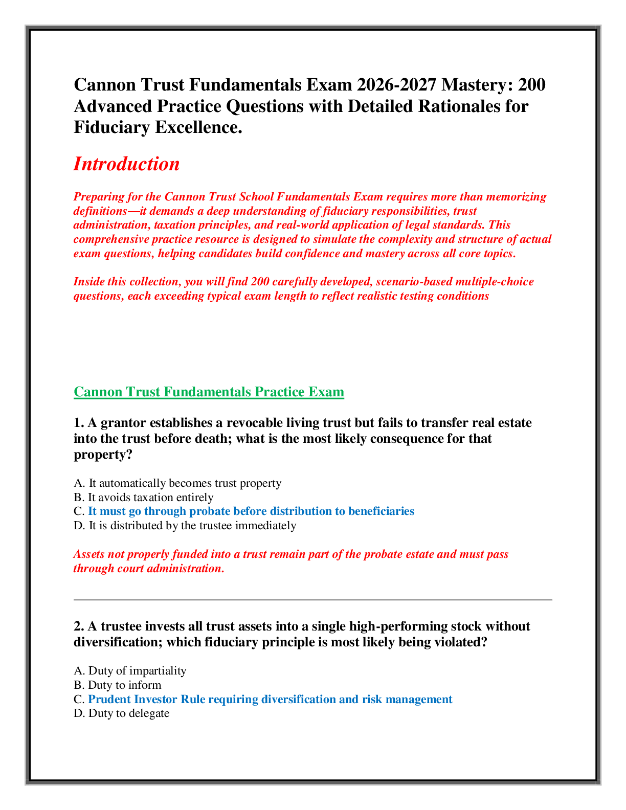 Recommended document preview for Cannon Trust Fundamentals Exam 2026-2027 Mastery: 200 Advanced Practice Questions with Detailed Rationales for Fiduciary Excellence.