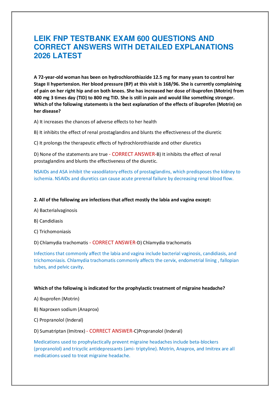Preview of LEIK FNP TESTBANK EXAM 600 QUESTIONS AND  CORRECT ANSWERS WITH DETAILED EXPLANATIONS  2026