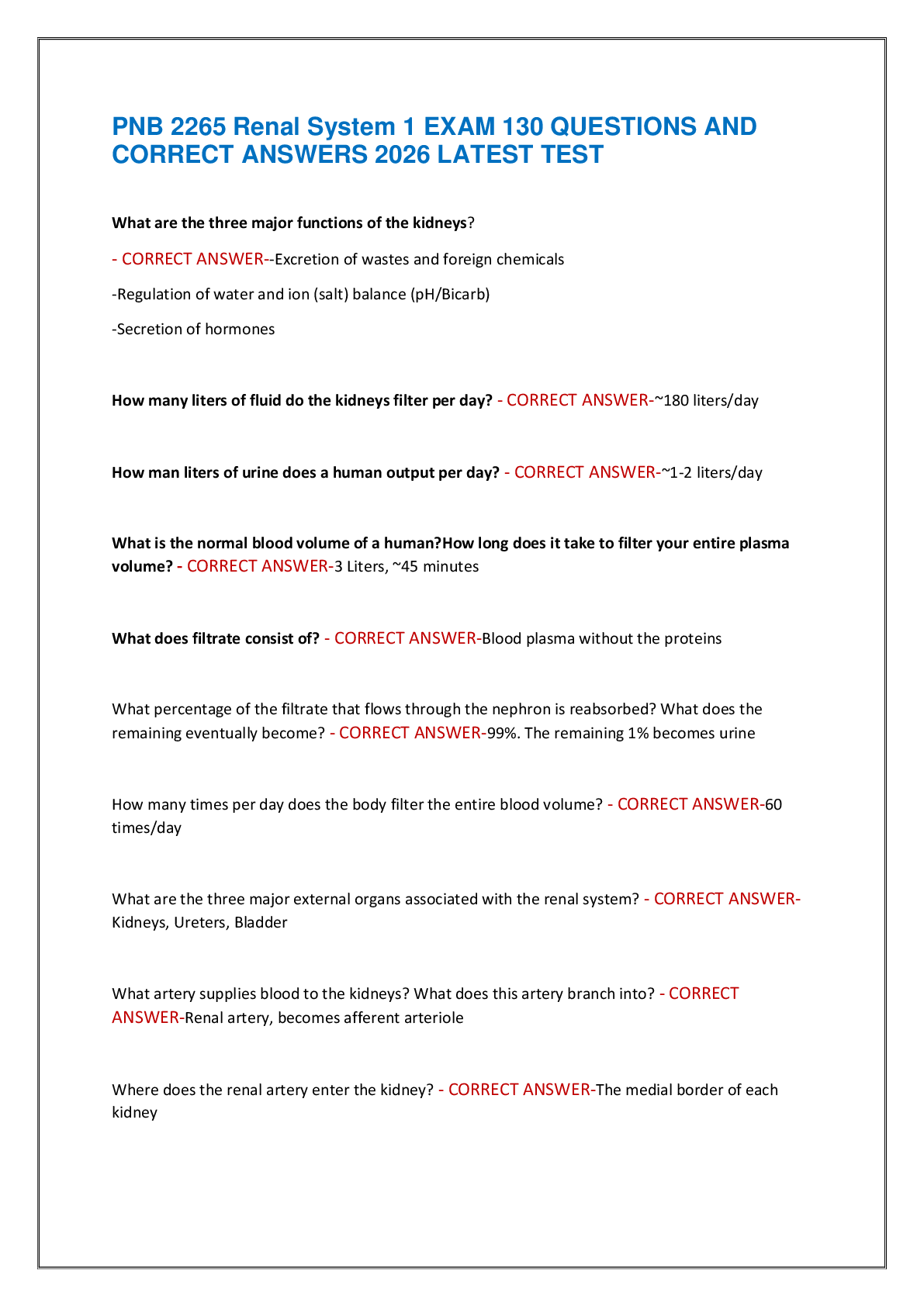 Preview of PNB 2265 Renal System 1 EXAM 130 QUESTIONS AND  CORRECT ANSWERS 2026 LATEST TEST