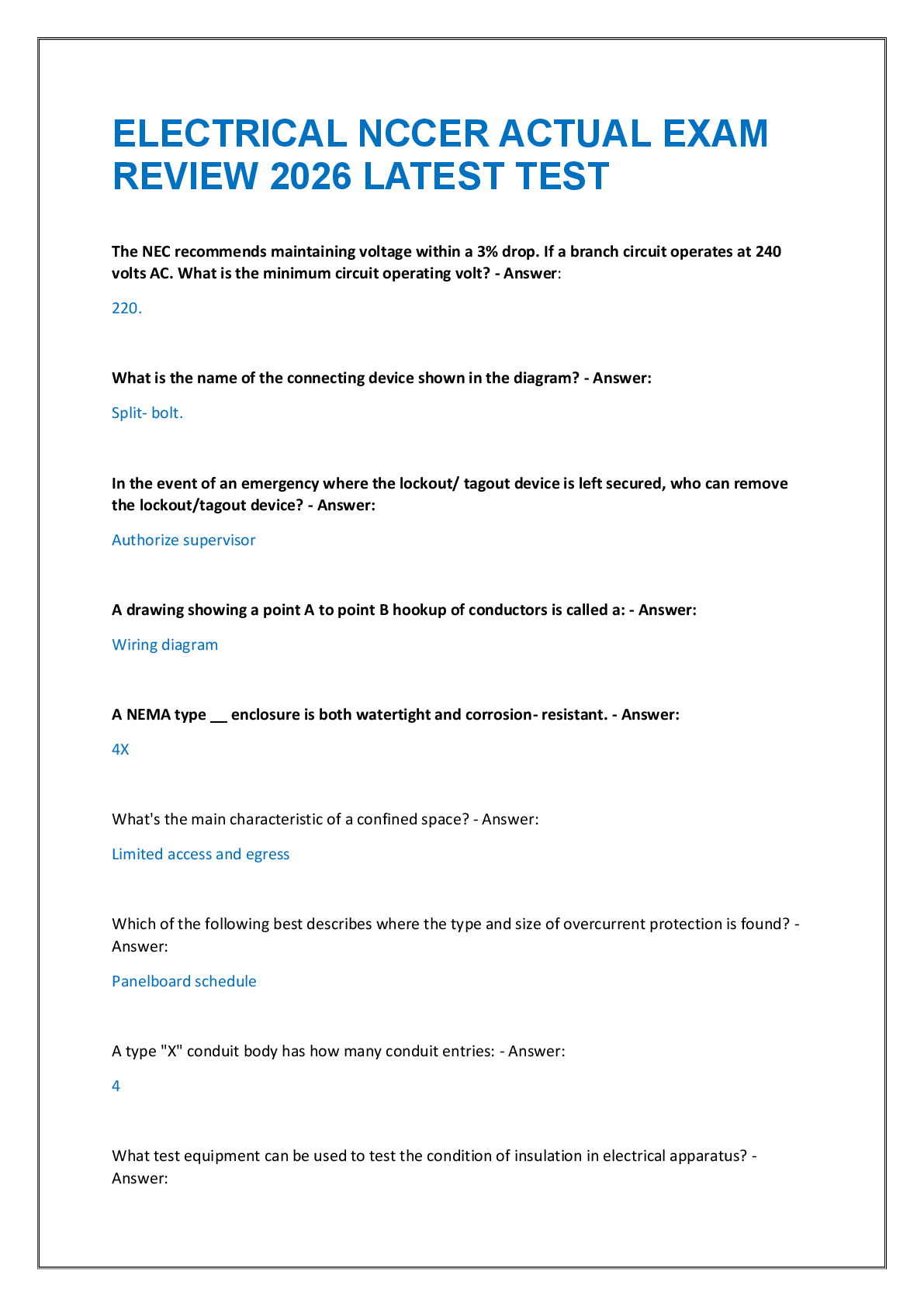 Recommended document preview for ELECTRICAL NCCER ACTUAL EXAM  REVIEW 2026 LATEST TEST