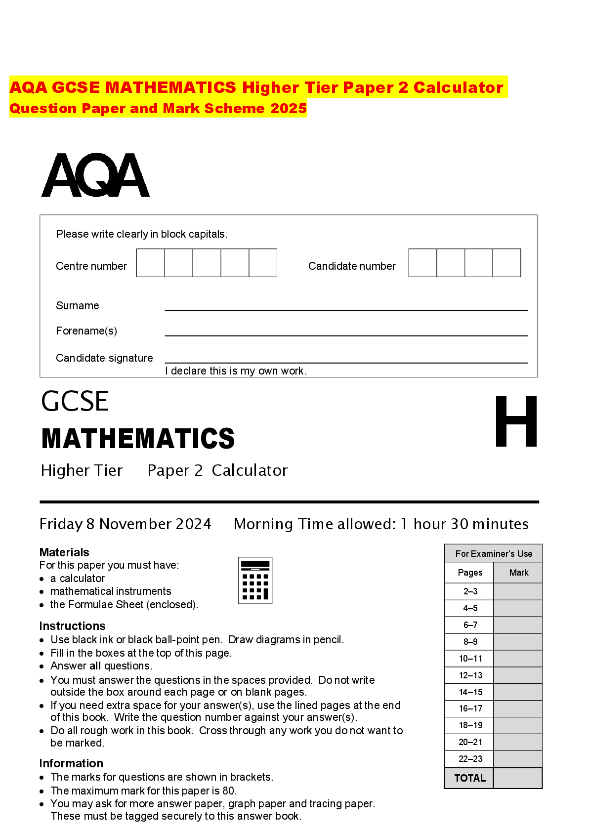 Recommended document preview for AQA GCSE MATHEMATICS Higher Tier Paper 2 Calculator Question Paper and Mark Scheme 2025