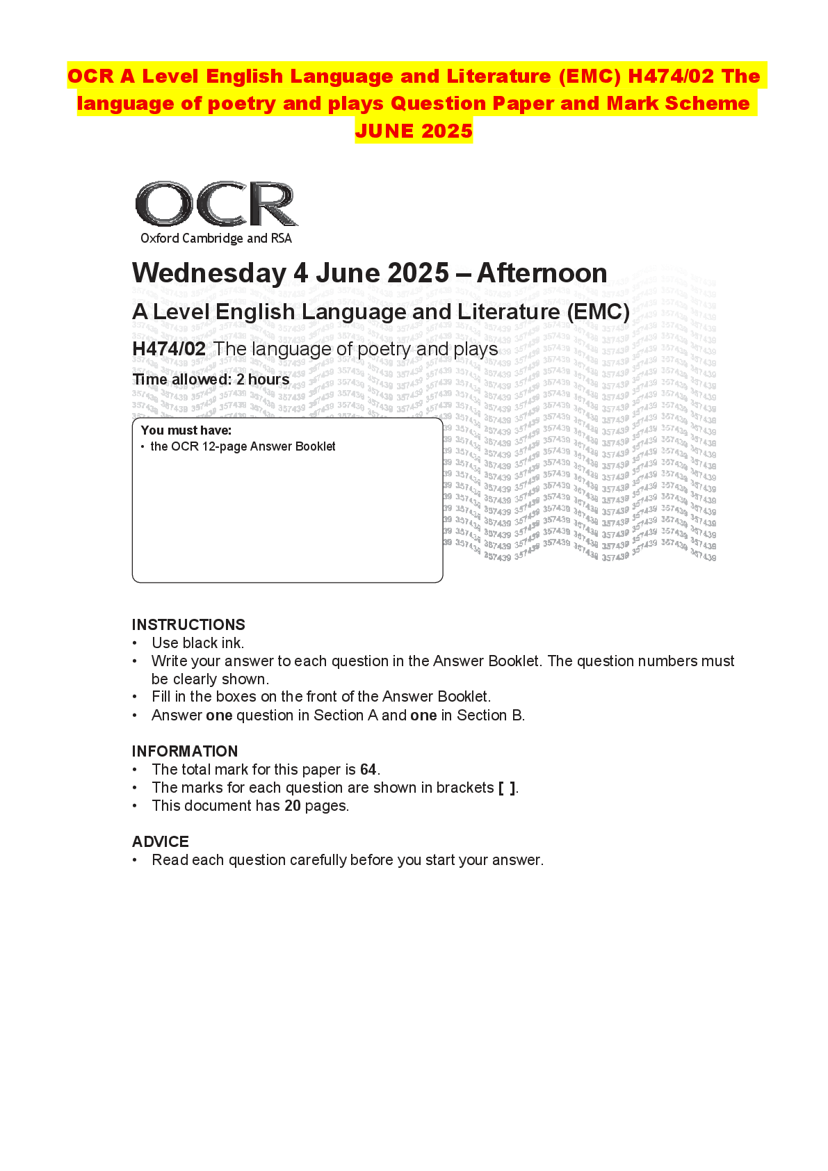 Recommended document preview for OCR A Level English Language and Literature (EMC) H474/02 The language of poetry and plays Question Paper and Mark Scheme JUNE 2025