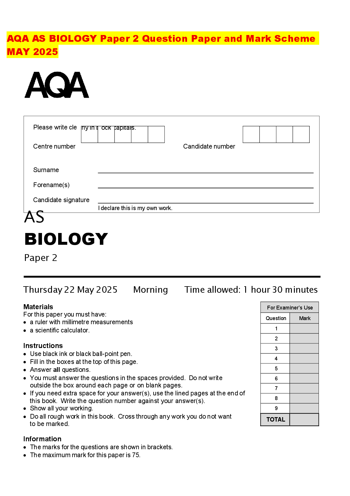 Recommended document preview for AQA AS BIOLOGY Paper 2 Question Paper and Mark Scheme MAY 2025