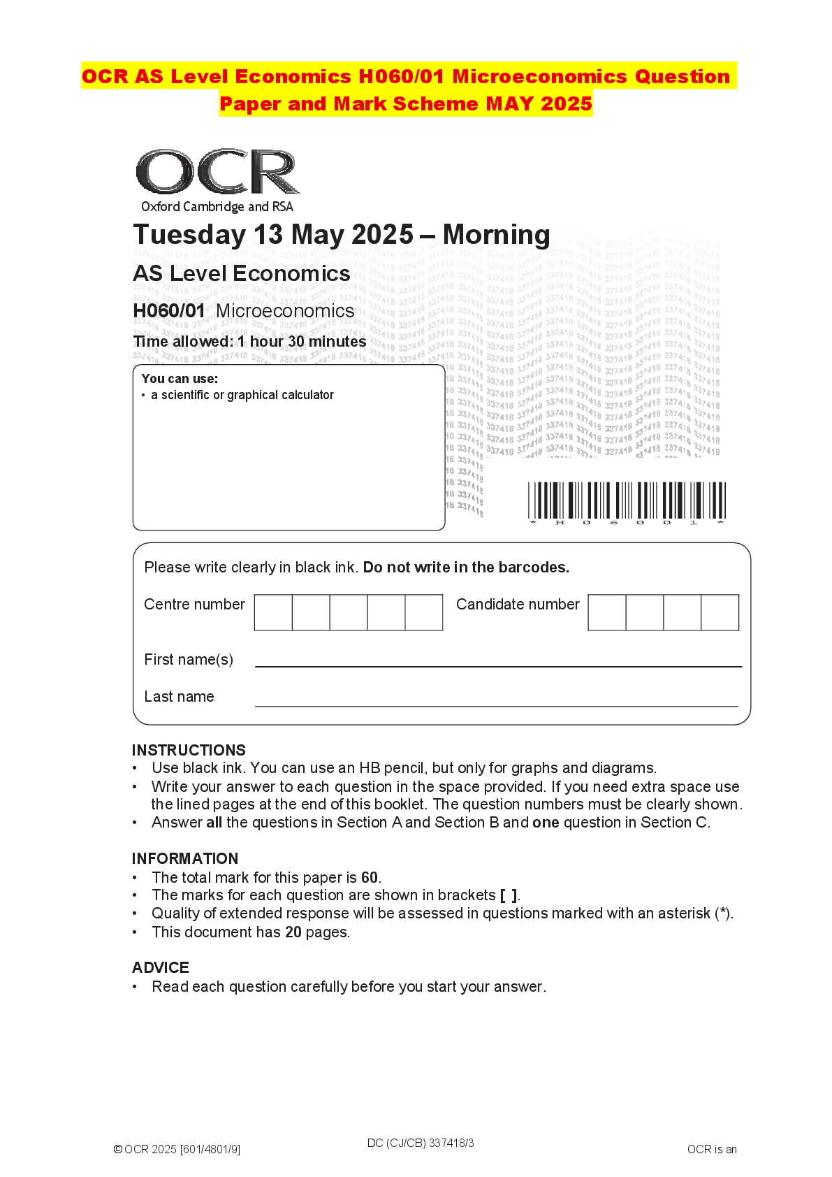 Recommended document preview for OCR AS Level Economics H060/01 Microeconomics Question Paper and Mark Scheme MAY 2025
