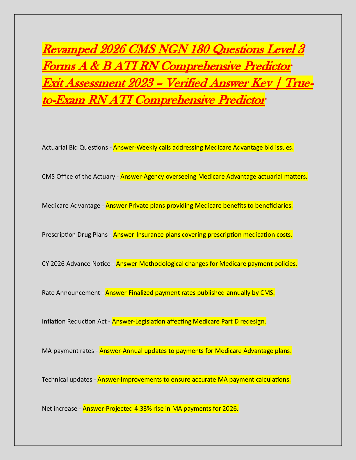 Recommended document preview for Revamped 2026 CMS NGN 180 Questions Level 3  Forms A & B ATI RN Comprehensive Predictor  Exit Assessment 2023 – Verified Answer Key | True to-Exam RN ATI Comprehensive Predictor