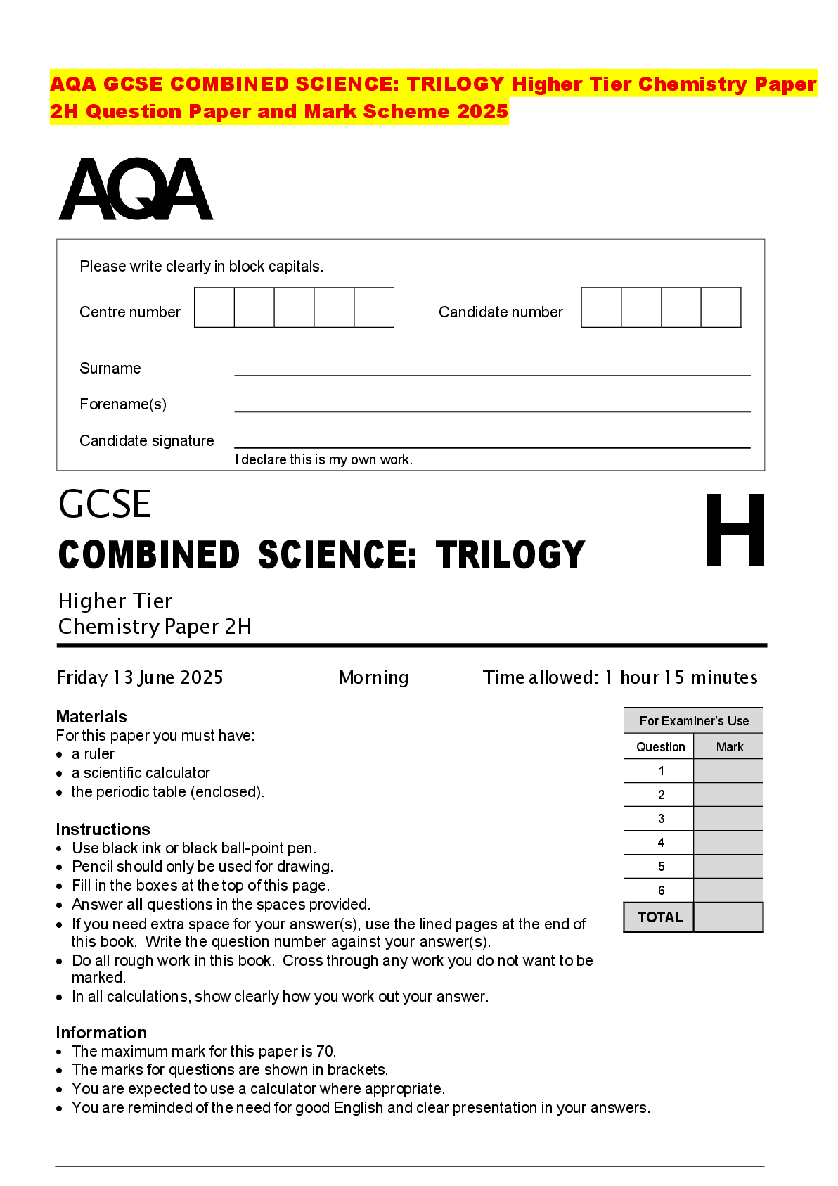 Recommended document preview for AQA GCSE COMBINED SCIENCE: TRILOGY Higher Tier Chemistry Paper 2H Question Paper and Mark Scheme 2025