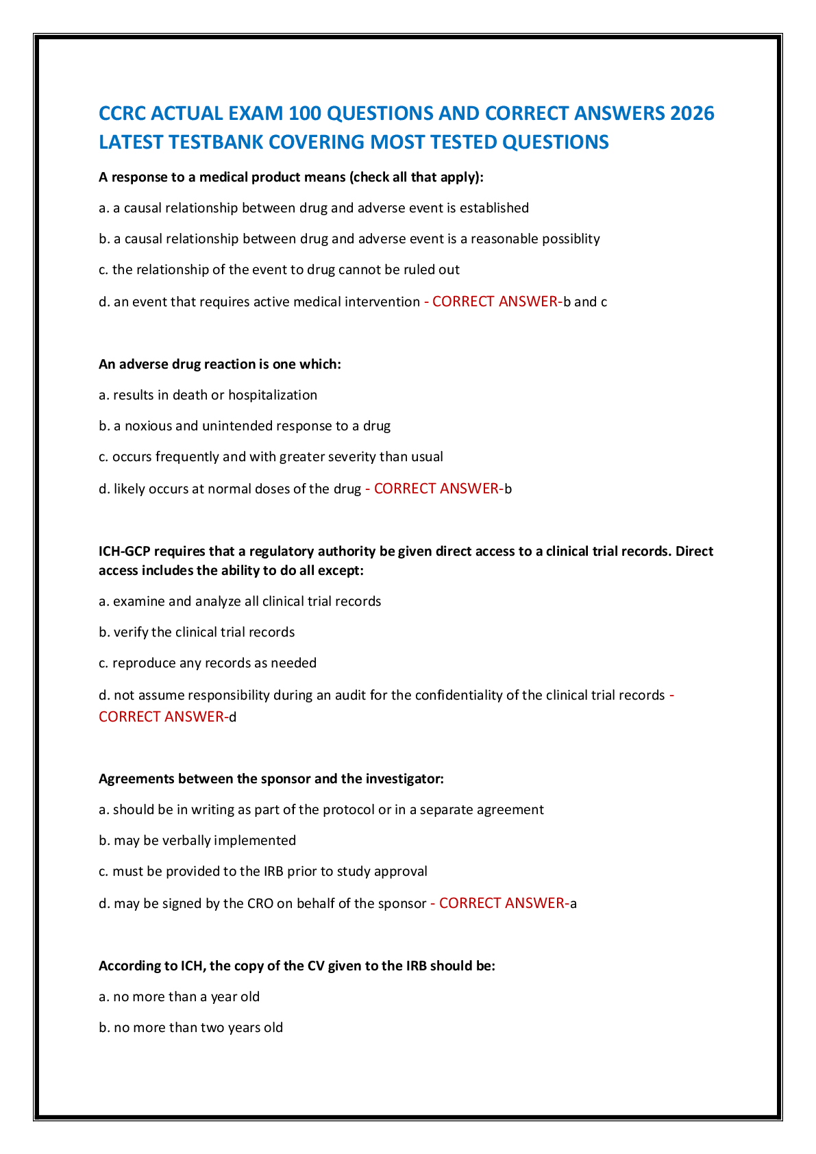 Recommended document preview for CCRC ACTUAL EXAM 100 QUESTIONS AND CORRECT ANSWERS 2026  LATEST TESTBANK COVERING MOST TESTED QUESTIONS