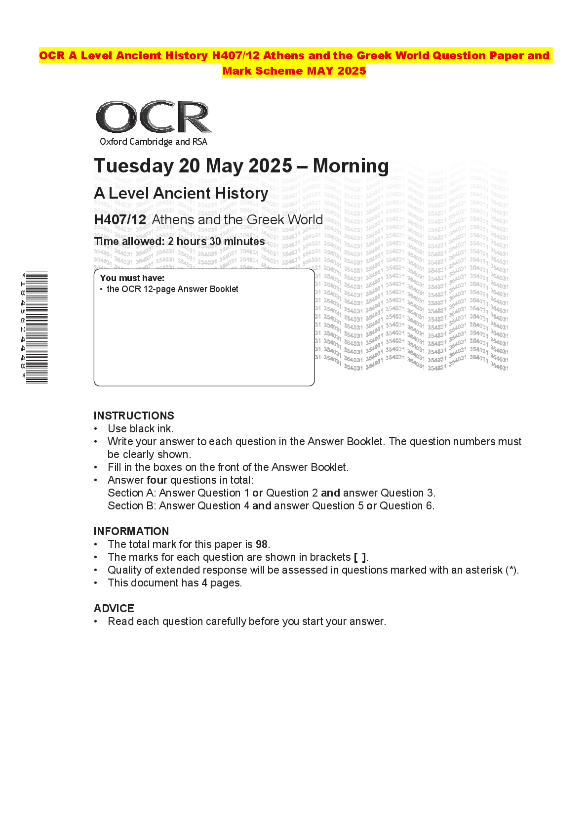 Recommended document preview for OCR A Level Ancient History H407/12 Athens and the Greek World Question Paper and Mark Scheme MAY 2025