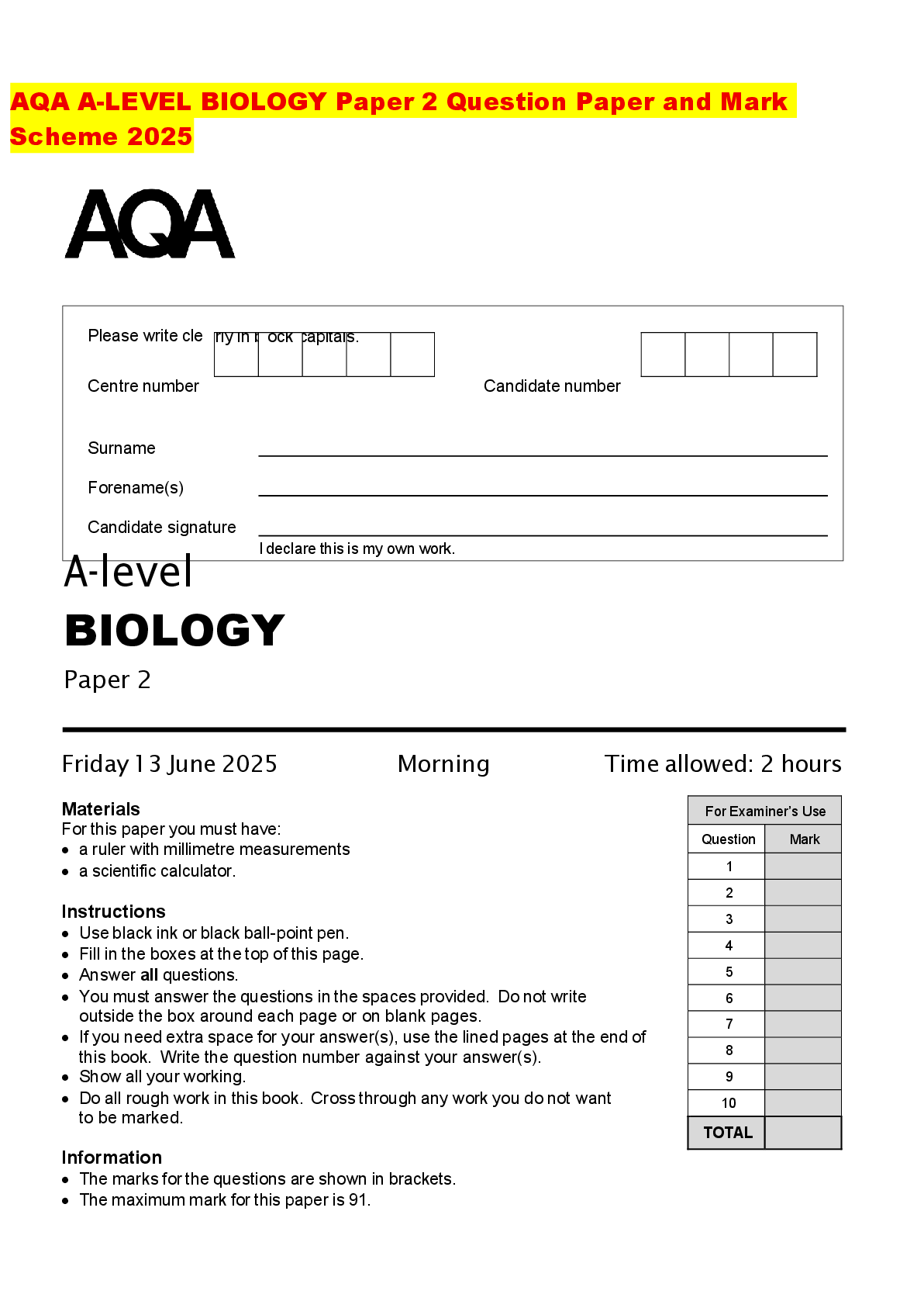 Recommended document preview for AQA A-LEVEL BIOLOGY Paper 2 Question Paper and Mark Scheme 2025