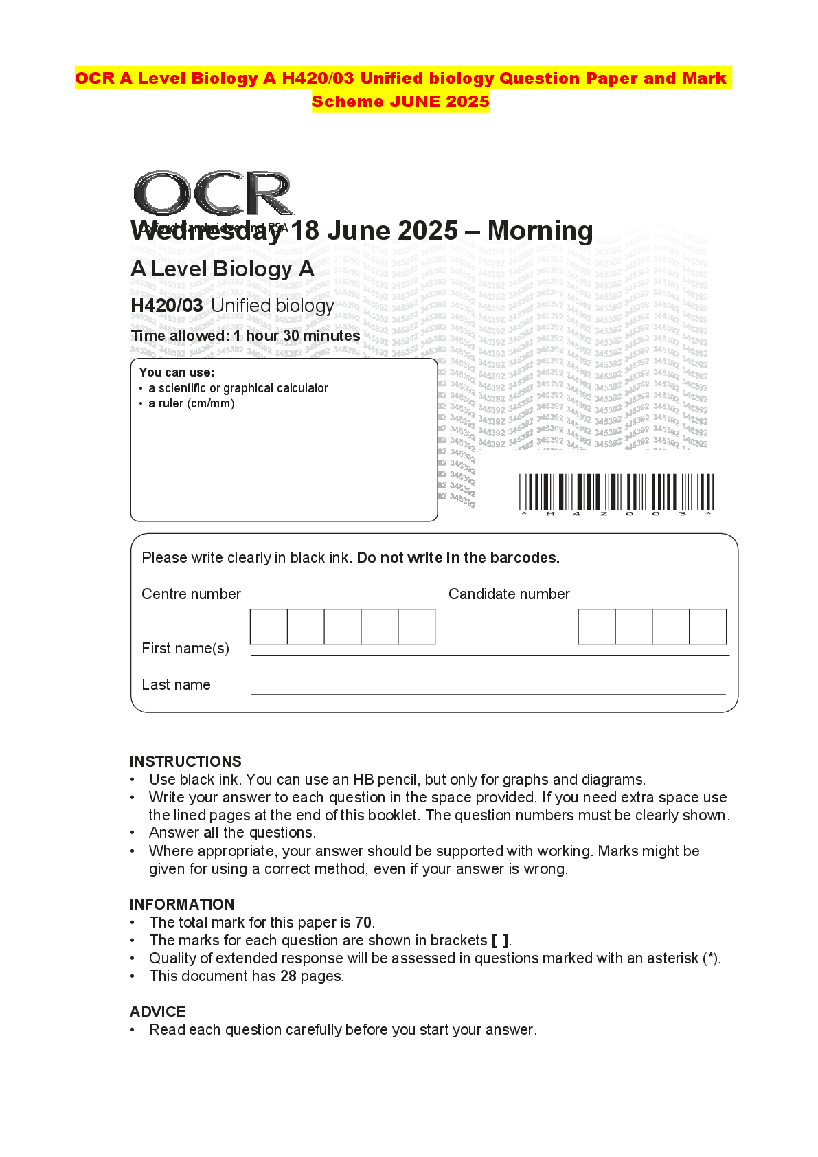 Recommended document preview for OCR A Level Biology A H420/03 Unified biology Question Paper and Mark Scheme JUNE 2025