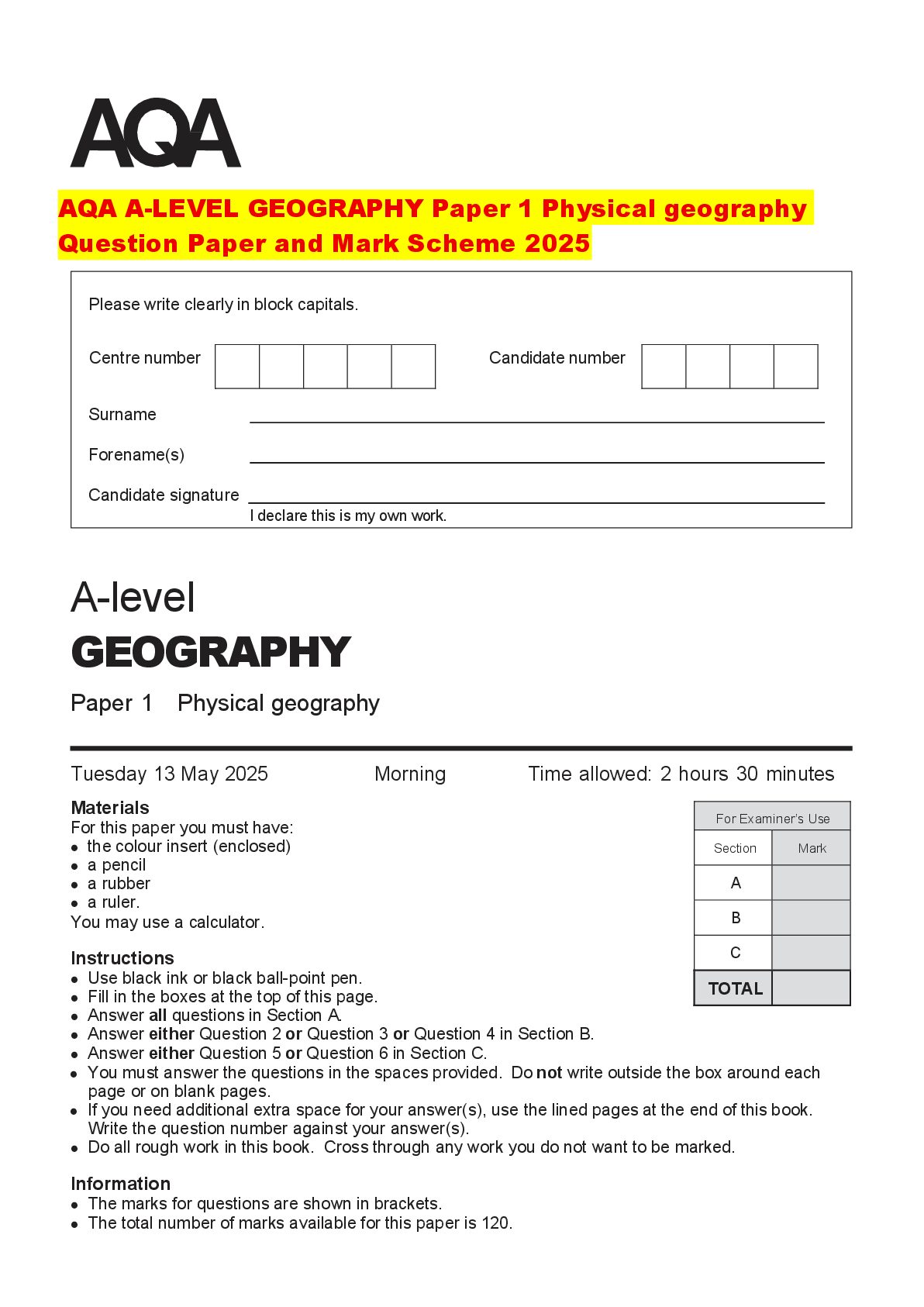 Recommended document preview for AQA A-LEVEL GEOGRAPHY Paper 1 Physical geography Question Paper and Mark Scheme 2025
