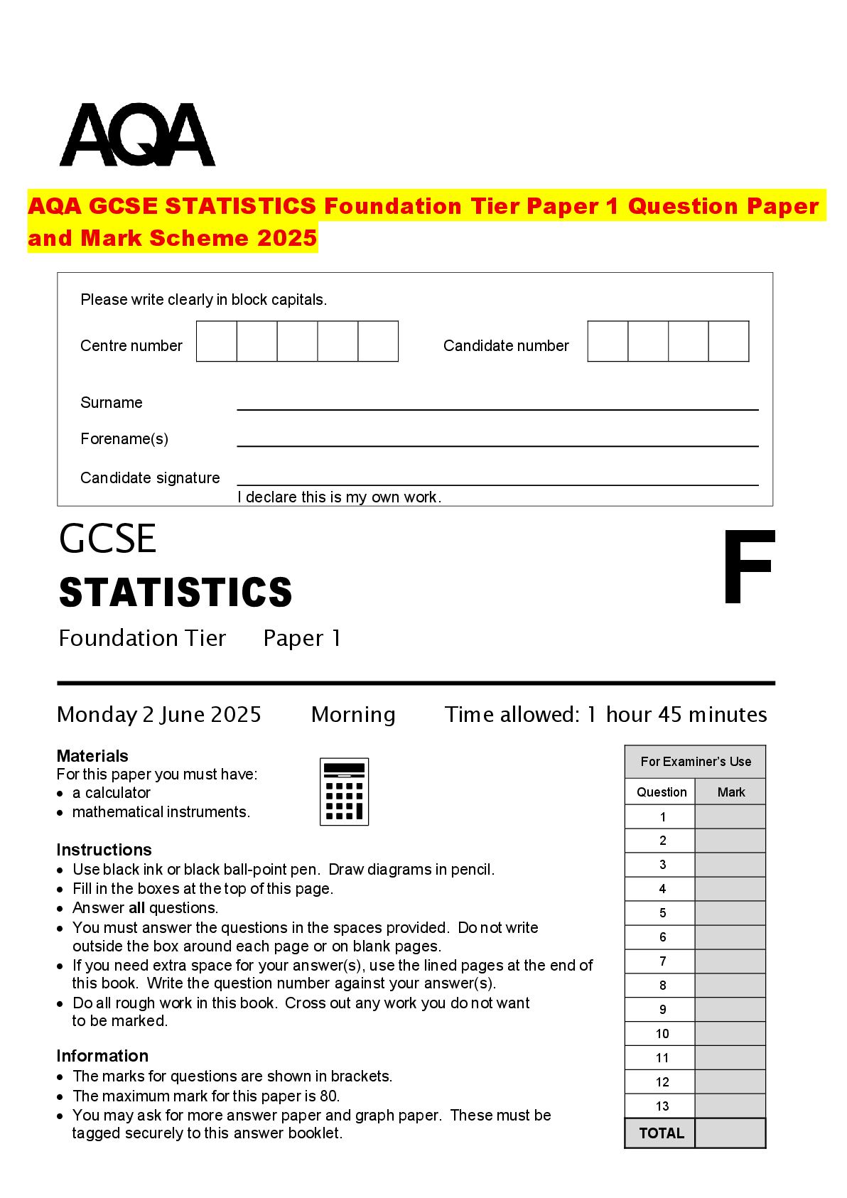 Recommended document preview for AQA GCSE STATISTICS Foundation Tier Paper 1 Question Paper and Mark Scheme 2025