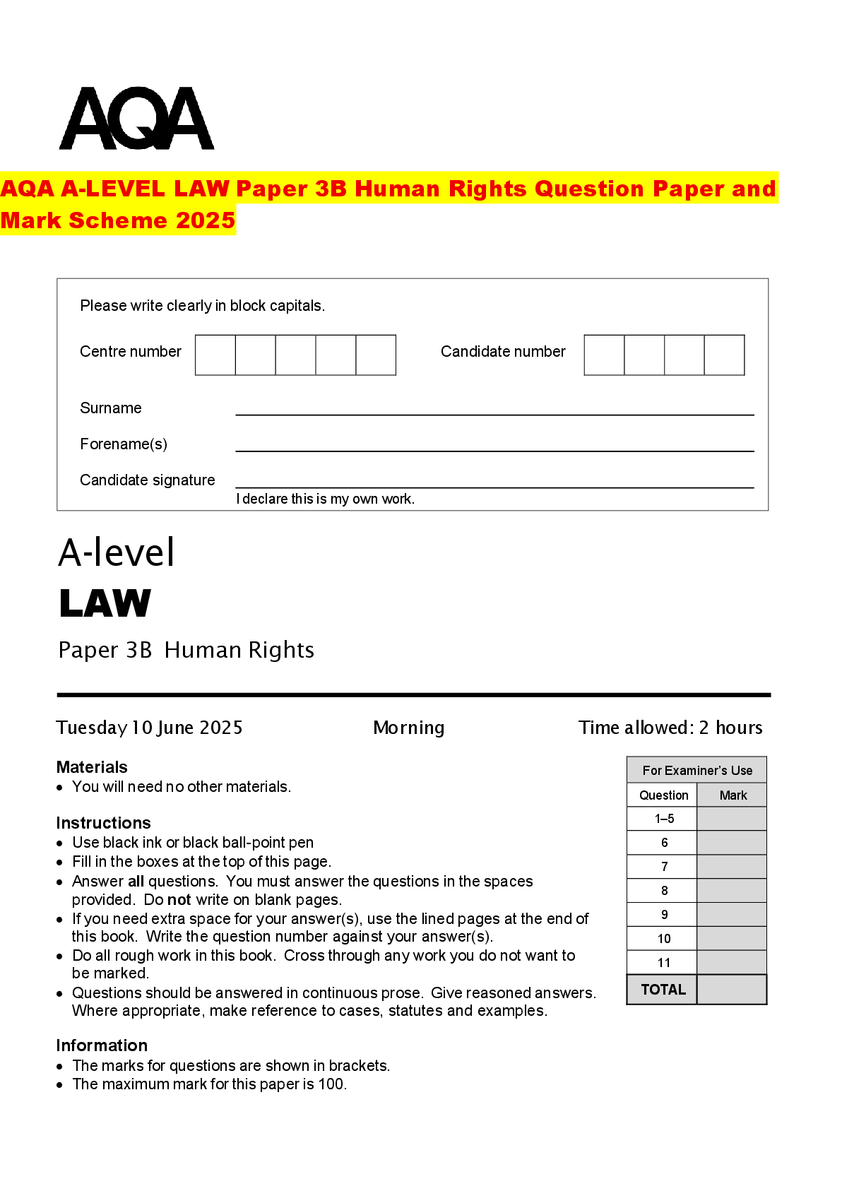 Recommended document preview for AQA A-LEVEL LAW Paper 3B Human Rights Question Paper and Mark Scheme 2025