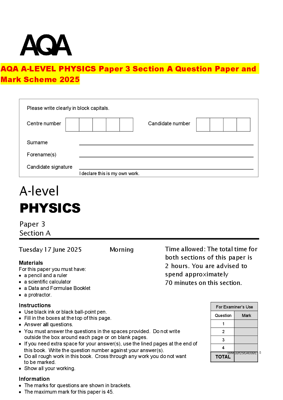 Recommended document preview for AQA A-LEVEL PHYSICS Paper 3 Section A Question Paper and Mark Scheme 2025