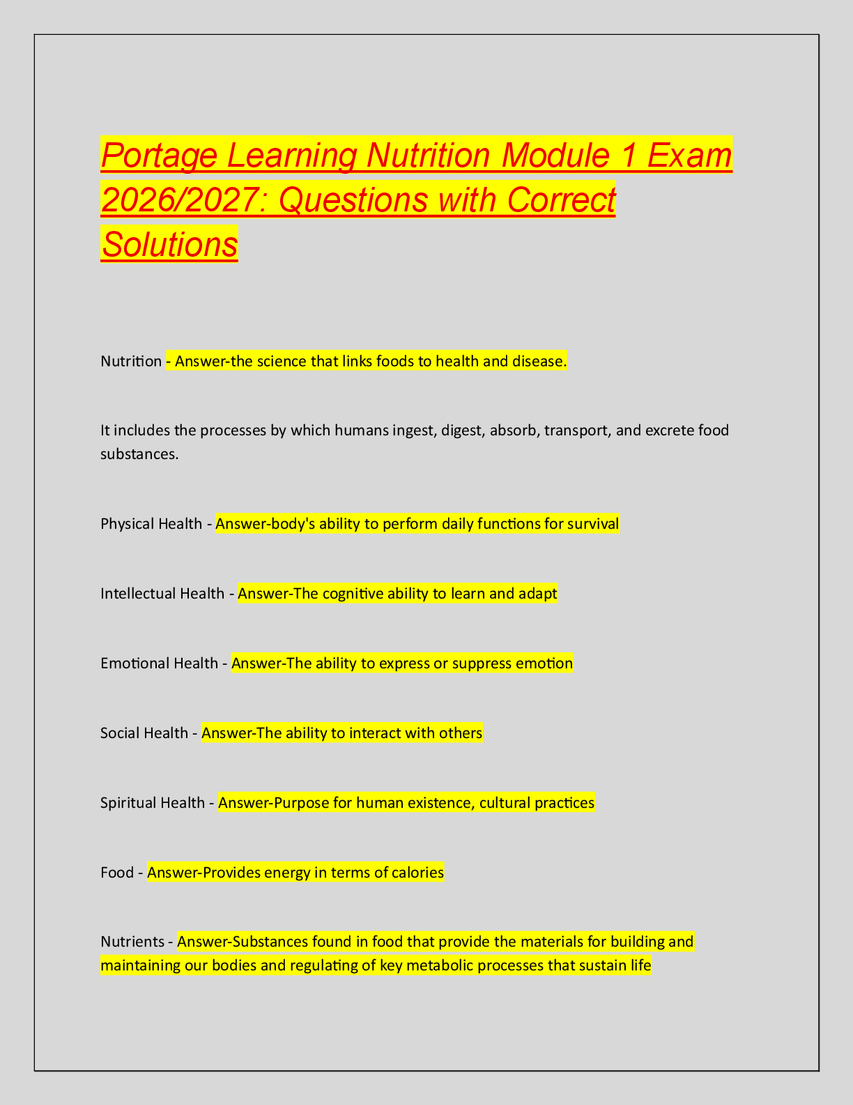 Recommended document preview for Portage Learning Nutrition Module 1 Exam  2026/2027: Questions with Correct  Solutions