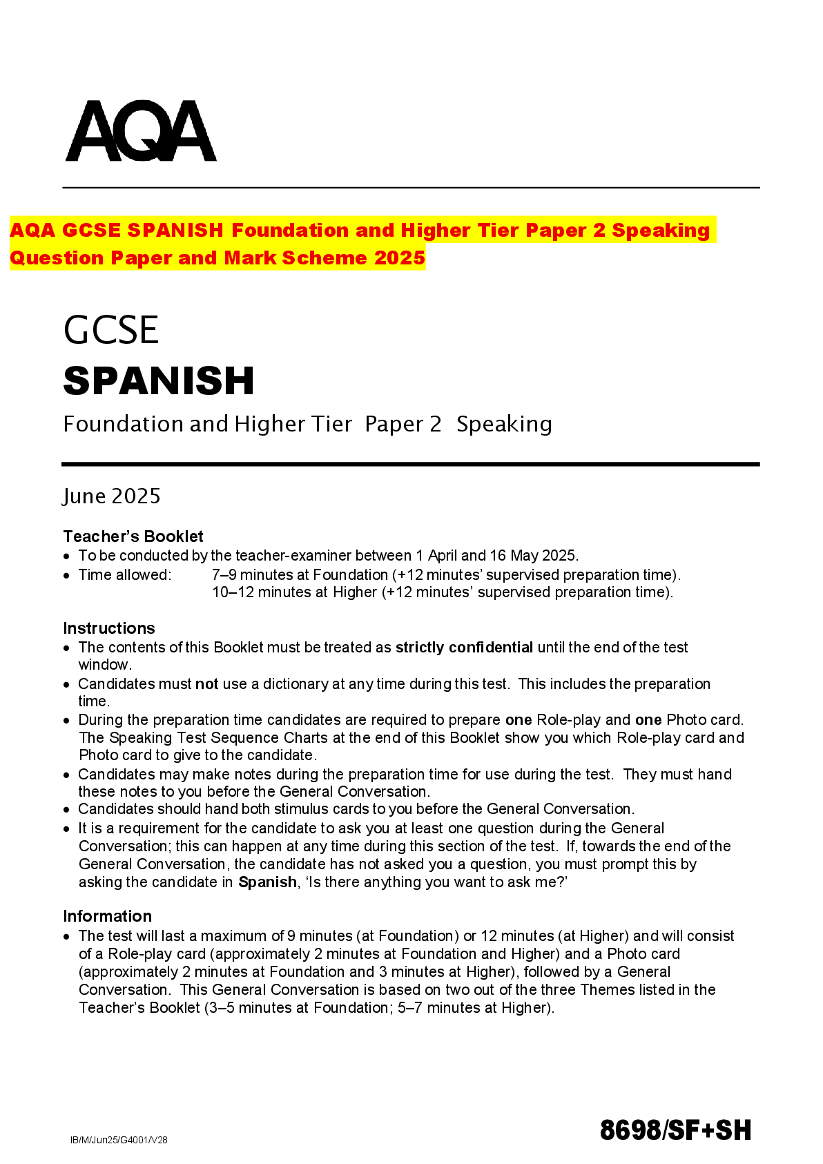 Recommended document preview for AQA GCSE SPANISH Foundation and Higher Tier Paper 2 Speaking Question Paper and Mark Scheme 2025