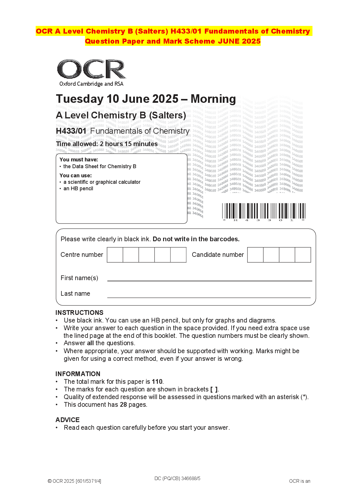 Preview of OCR A Level Chemistry B (Salters) H433/01 Fundamentals of Chemistry Question Paper and Mar