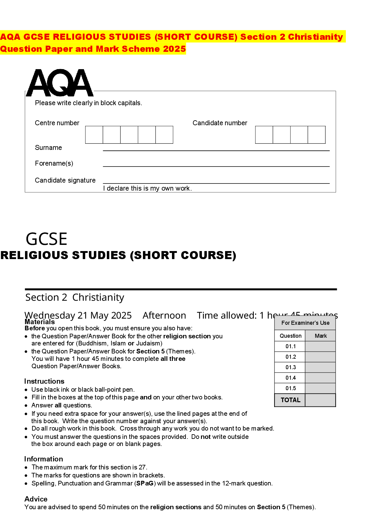 Recommended document preview for AQA GCSE RELIGIOUS STUDIES (SHORT COURSE) Section 2 Christianity Question Paper and Mark Scheme 2025