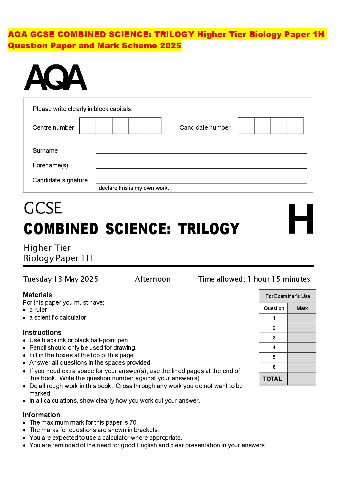 Recommended document preview for AQA GCSE COMBINED SCIENCE: TRILOGY Higher Tier Biology Paper 1H Question Paper and Mark Scheme 2025