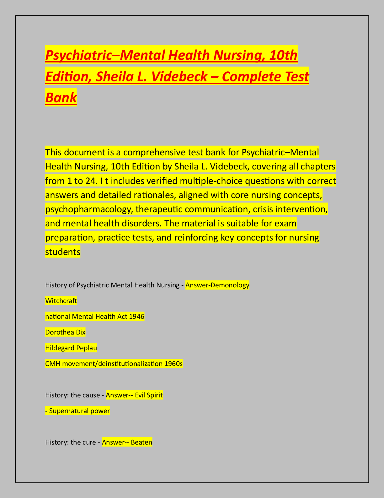 Recommended document preview for Psychiatric–Mental Health Nursing, 10th  Edition, Sheila L. Videbeck – Complete Test  Bank
