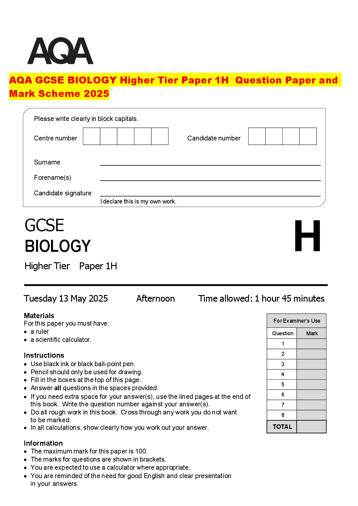Recommended document preview for AQA GCSE BIOLOGY Higher Tier Paper 1H Question Paper and Mark Scheme 2025