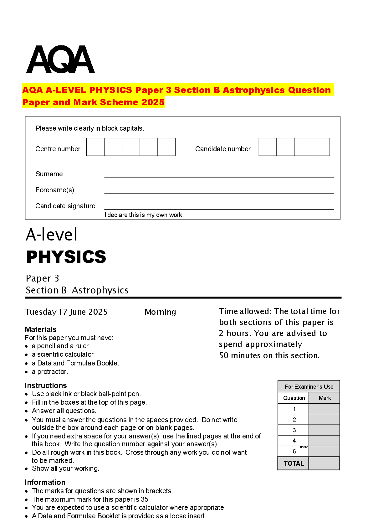 Recommended document preview for AQA A-LEVEL PHYSICS Paper 3 Section B Astrophysics Question Paper and Mark Scheme 2025
