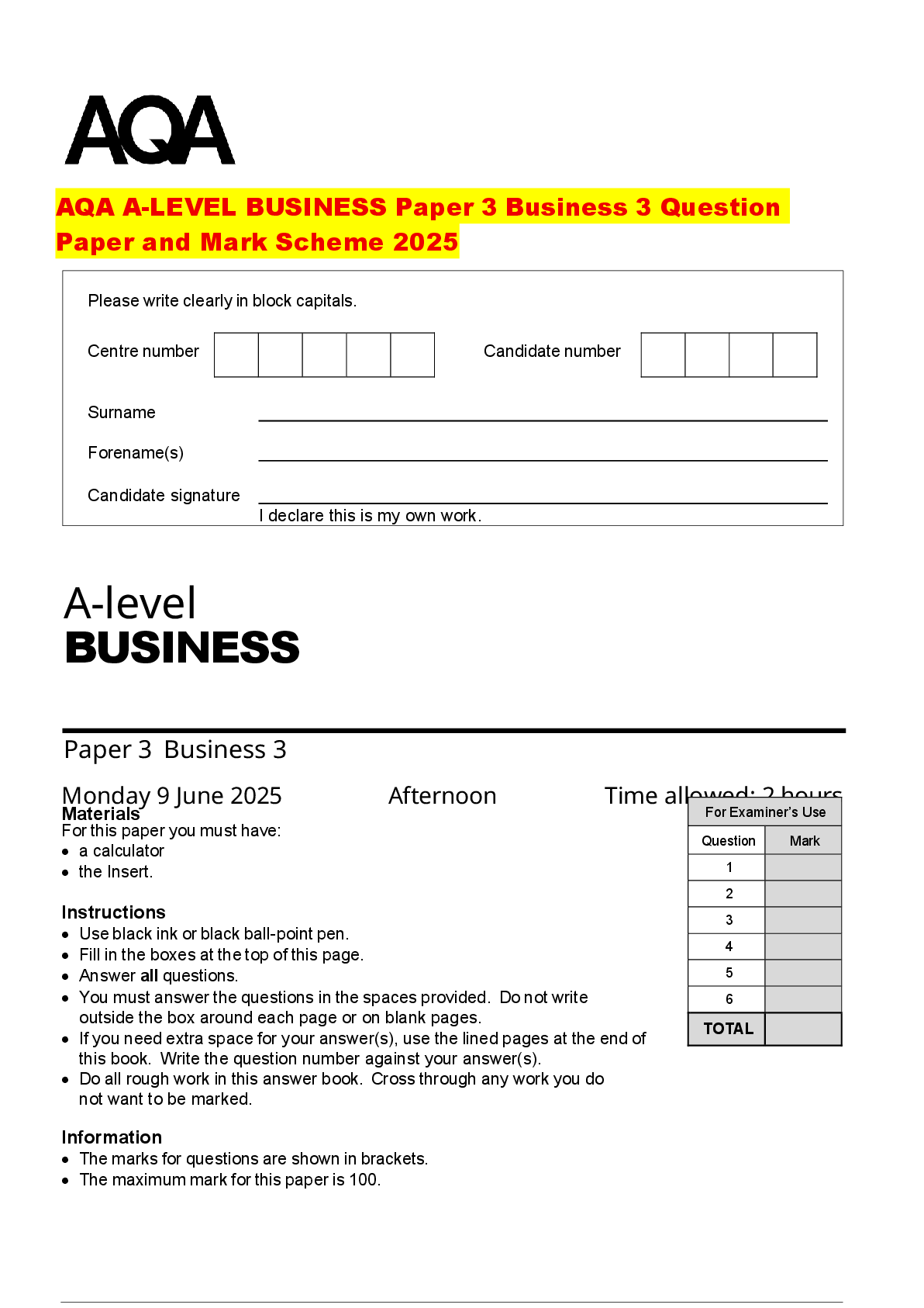 Recommended document preview for AQA A-LEVEL BUSINESS Paper 3 Business 3 Question Paper and Mark Scheme 2025
