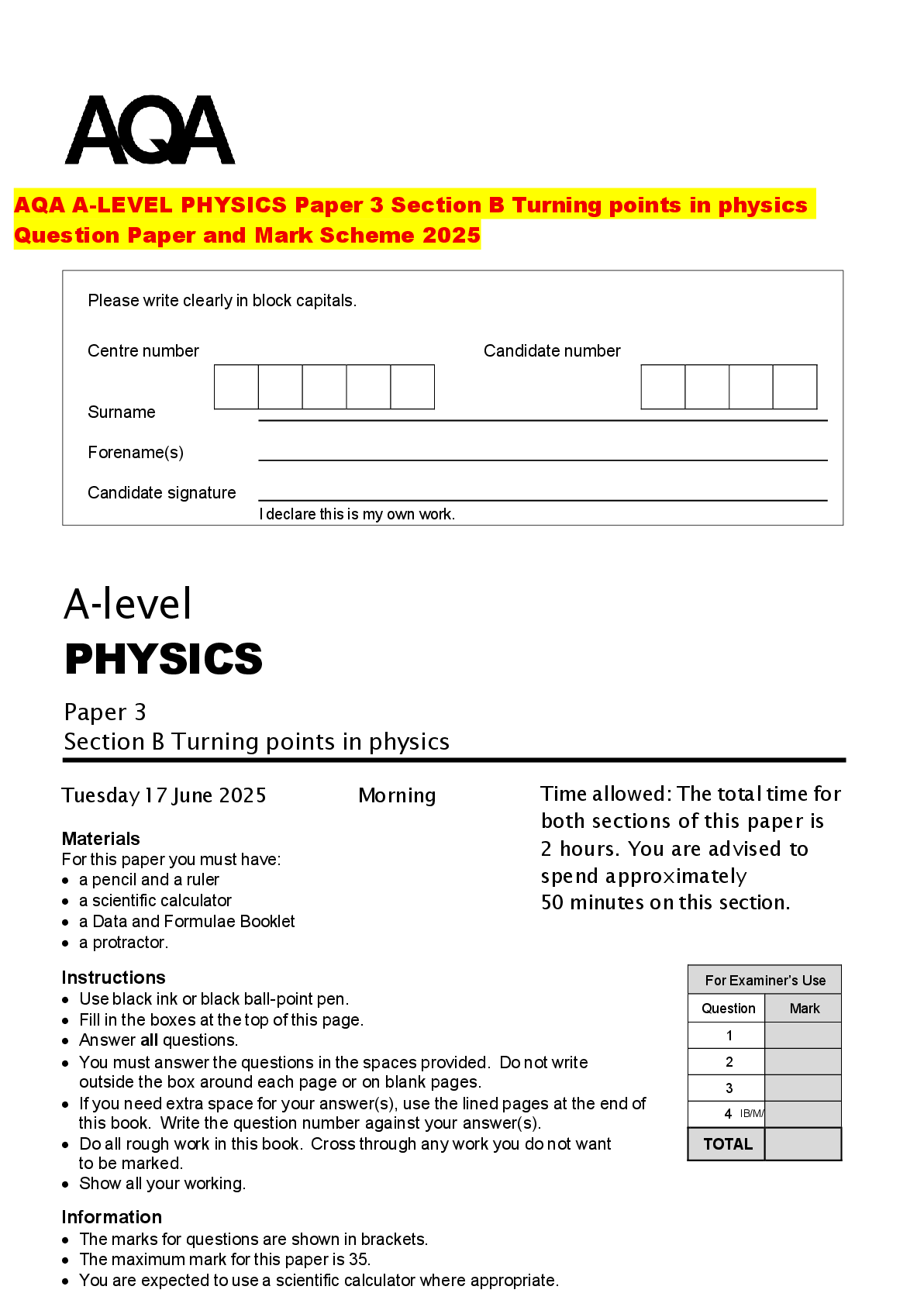 Recommended document preview for AQA A-LEVEL PHYSICS Paper 3 Section B Turning points in physics Question Paper and Mark Scheme 2025