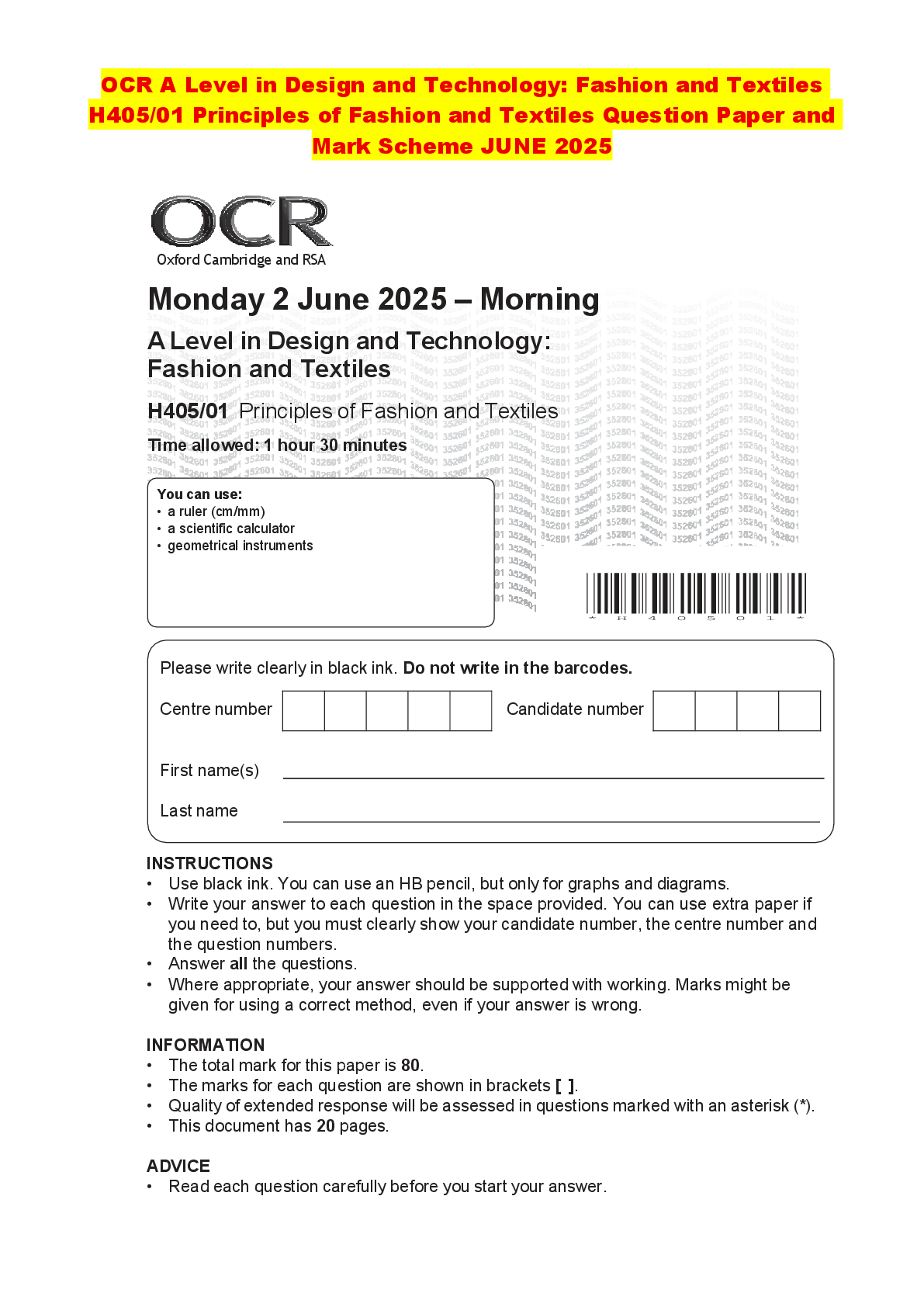 Preview of OCR A Level in Design and Technology: Fashion and Textiles H405/01 Principles of Fashion a